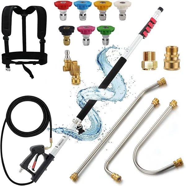 24 FT Aluminum Telescoping Pressure Washer Extension Wand with 2 Pressure Washer Extension Wands, Gutter Cleaner Attachment, 7 Spray Nozzle Tips, 2 Hose Inlet Adapters, Support Belt