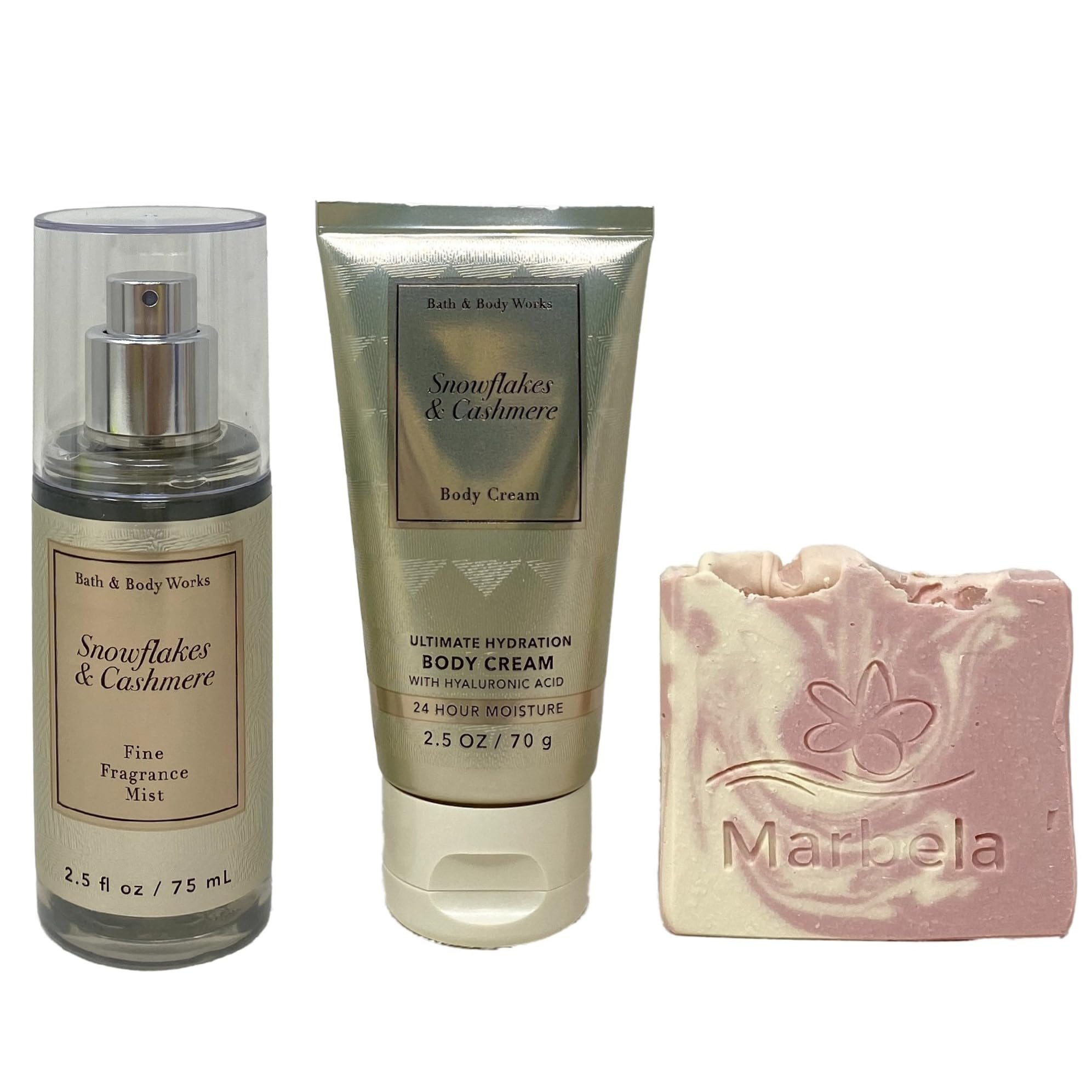 Bath & Body Works Snowflakes & Cashmere - Duo Gift Set Travel Size - Fine Fragrance Mist and Body Cream With a Himalayan Salts Springs Sample Soap.