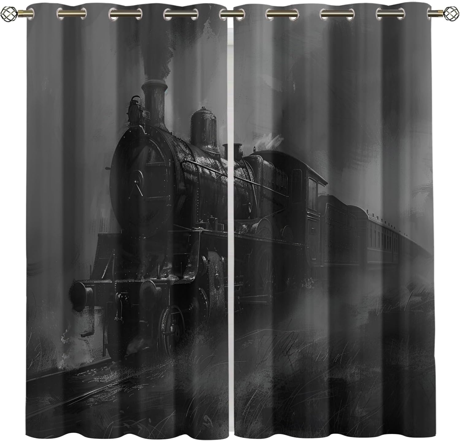 Retro Steam Engine Blackout Curtains for Bedroom Living Room, Railway Track Curtains & Home Decor, Vintage Transport Window Treatments, Thermal Grommet Train Drapes, 84" Curtains 2 Panel Set