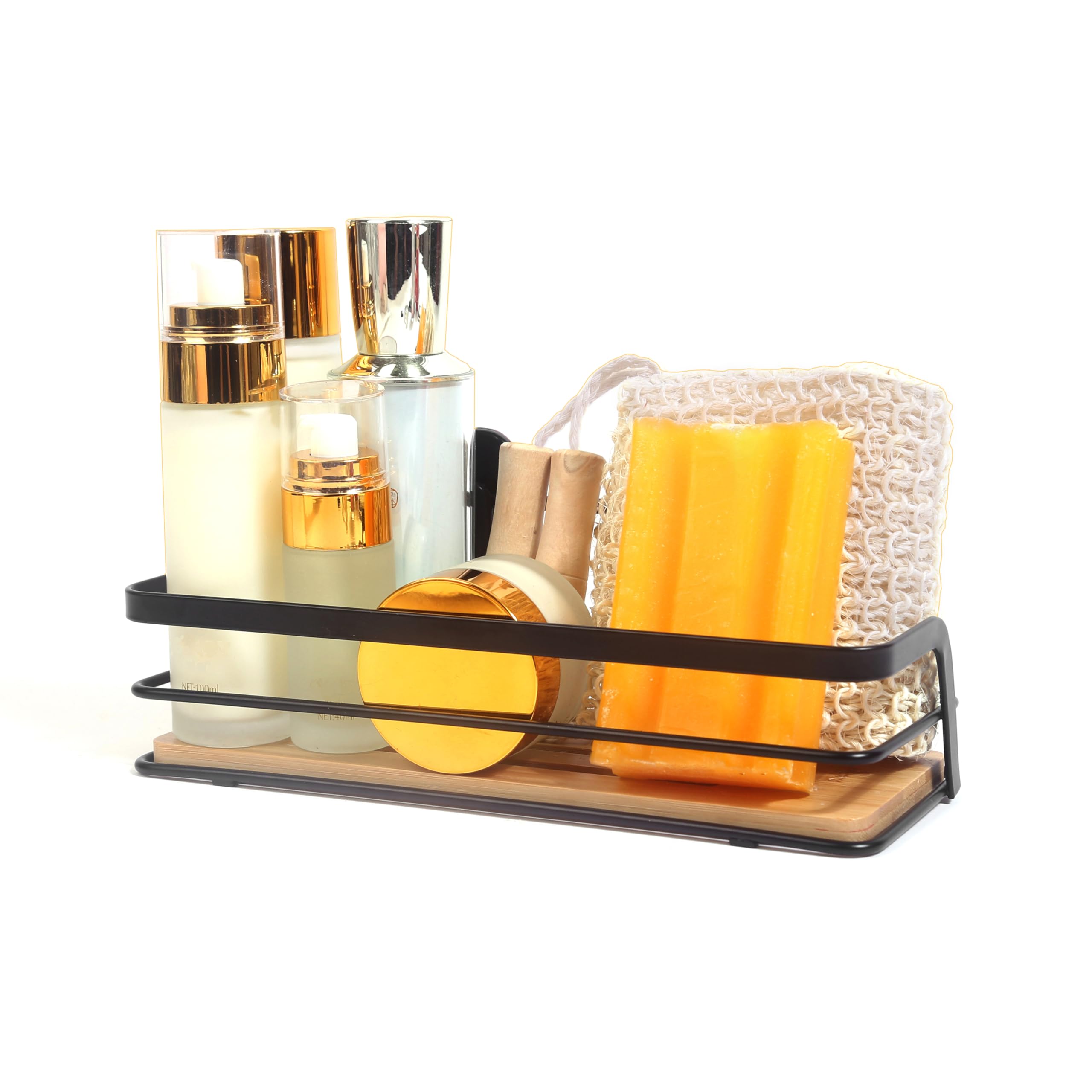 Wire Shower Rack with Bamboo Mat - Bathroom Storage Device Simple and Practical Improve Space Utilization Black