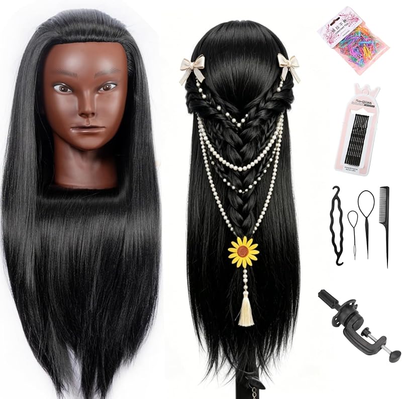 Mannequin Head with Hair, Doll Head for hair styling kids | Training Head Manikin Practice Cosmetology Doll Head Styling Hairdressing Training Braiding Heads with Clamp Holder (black)