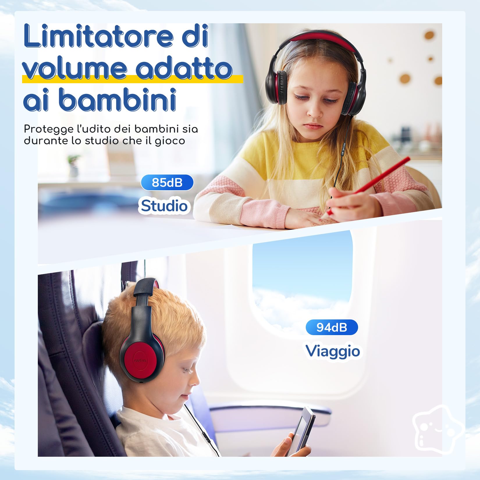 EarFun Cuffie Bambini con Micro, Jack 3.5mm, Confezione da 3, Blu&Rosa&Nero | 85/94dB Volume Limited, Funzione di Condivisione, Pieghevoli e Regolabili, per Scuola/Viaggio/Didattica Online