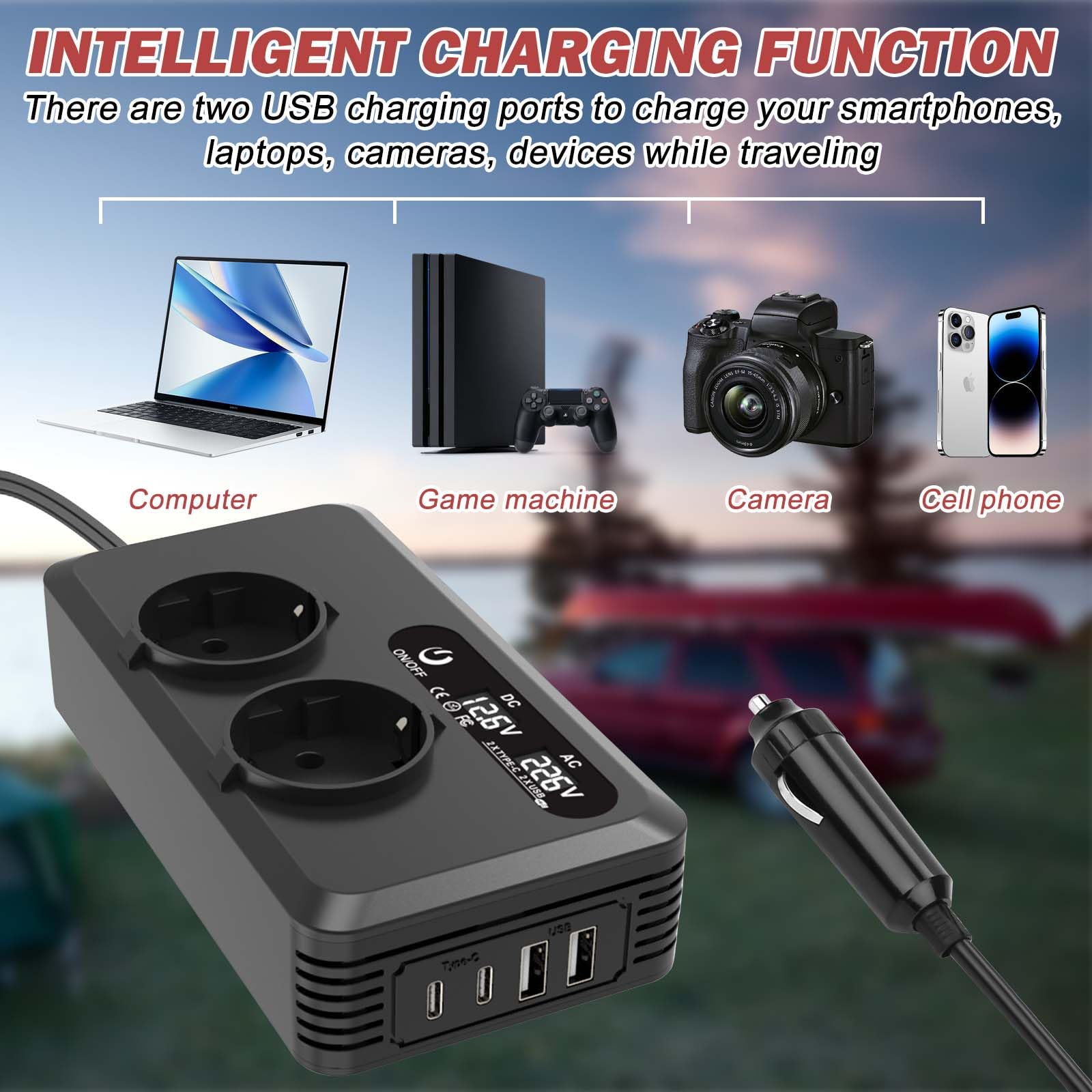Samochodowa przetwornica napięcia 200 W, falownik 12 V na 220 V z 2 gniazdami ładującymi, 2 portami USB i 2 typami C, adapter do gniazda zapalniczki samochodowej, do telefonów komórkowych, laptopów