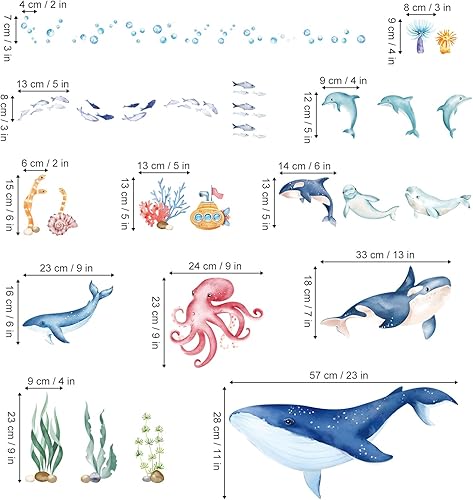 Miniatura 5 de wondever Pegatinas de pared de ballena marina con diseño de delfín y pez oceánico, calcomanías de arte de pared para guardería, habitación de niños
