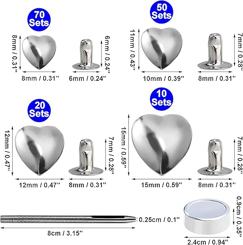 Miniatura 2 de YORANYO 150 juegos de remaches de cuero, remaches de varios tamaños para cuero, tachuelas de corazón para ropa, remaches plateados de tela con