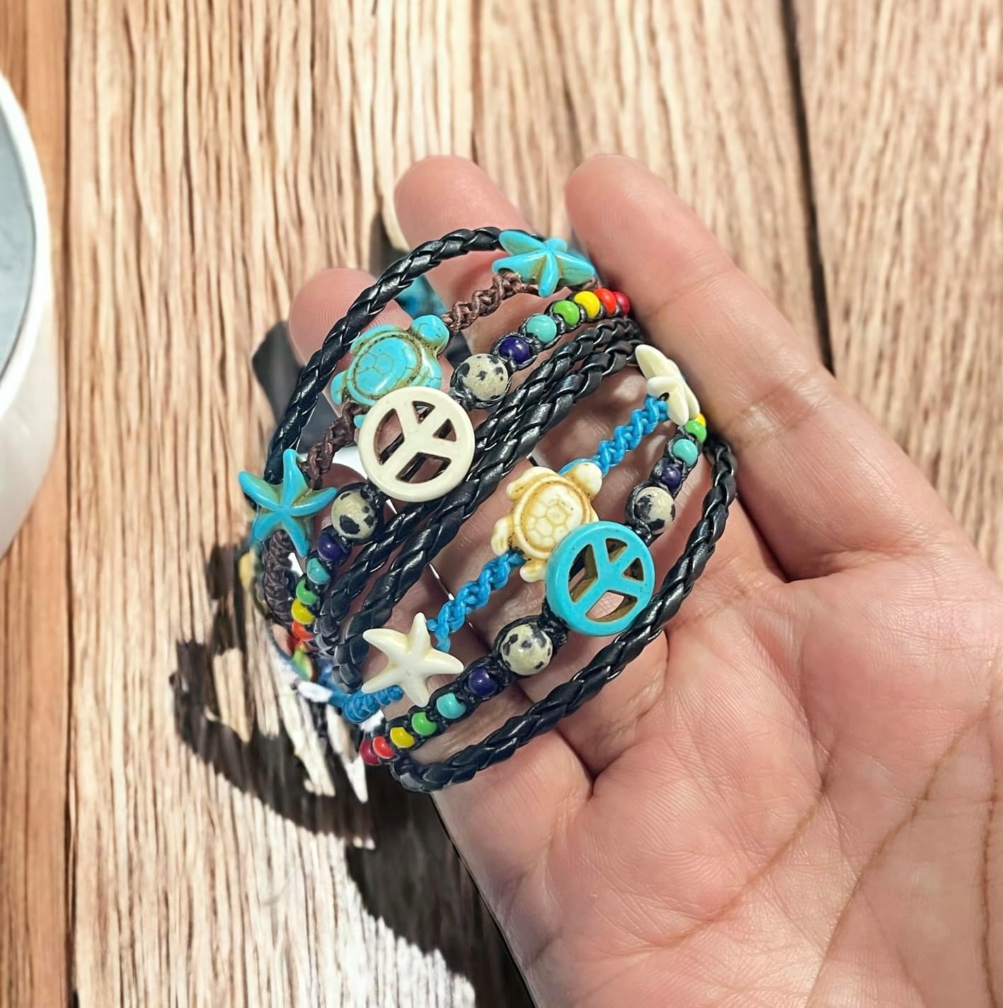 2Pcs Sea Turtle and Star Beads Bracelet - Peace Sign Hemp Bracelet-Raibbow Beads Bracelet Friendship Gifts for Women Men Girls Adjustable Cord - Image 3