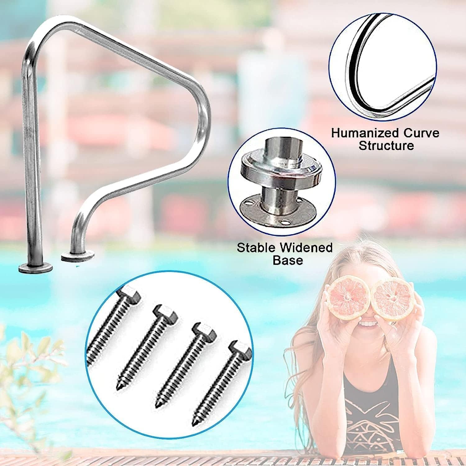 Pool Handrails Swimming Pool Hand Rail, Stainless Steel 3-Bend Pool Stair Rail with Quick Mount Brace Plate and Perfect Handle Pool Grab Ladder (31.49" x 31.49" x 10.62") (Thick 1m