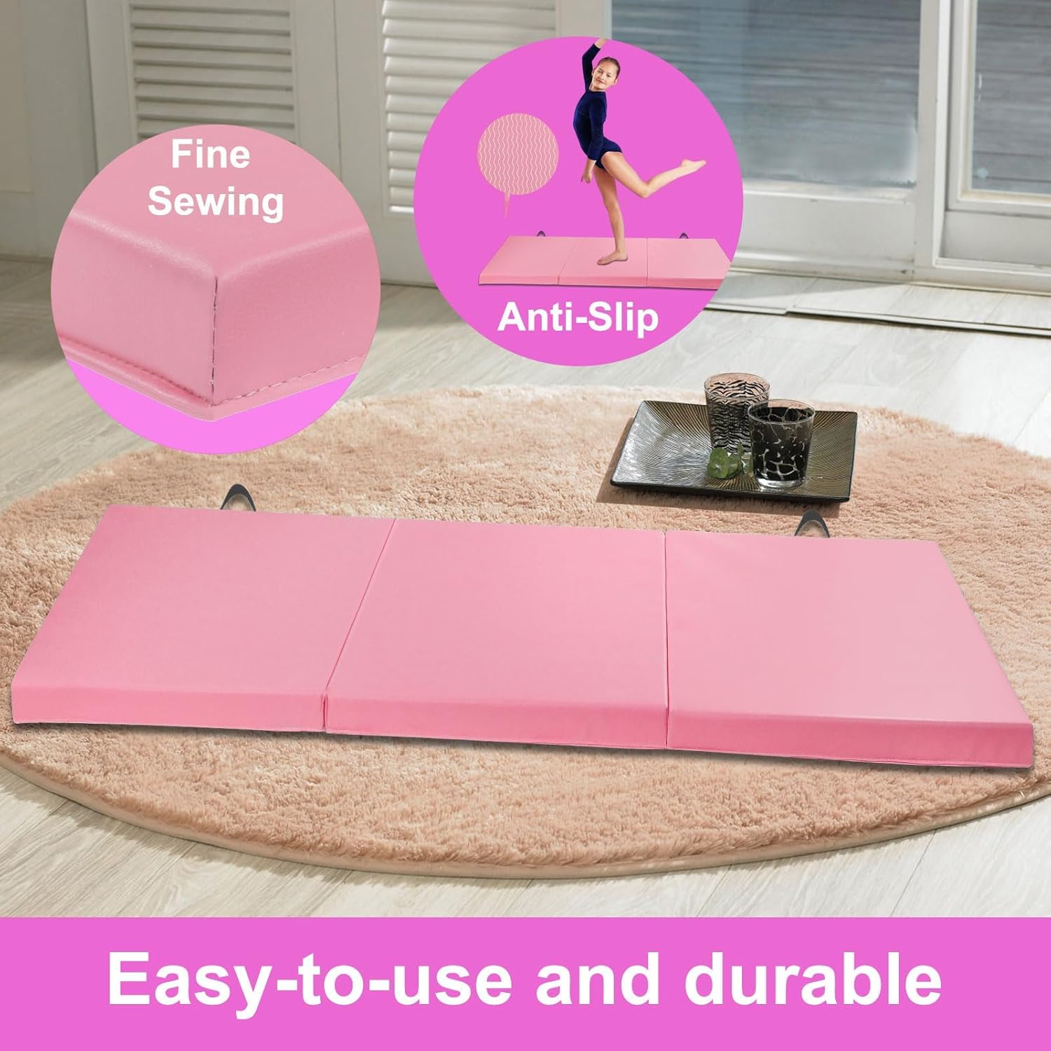 6'/8'/10' Foldable Gymnastics Mat with Carrying Handle, 2-Inch Thick Exercise Tumbling Mat for Kids, Home Exercise Fitness Mat for Aerobics, Yoga, Stretching, Blue and Pink.