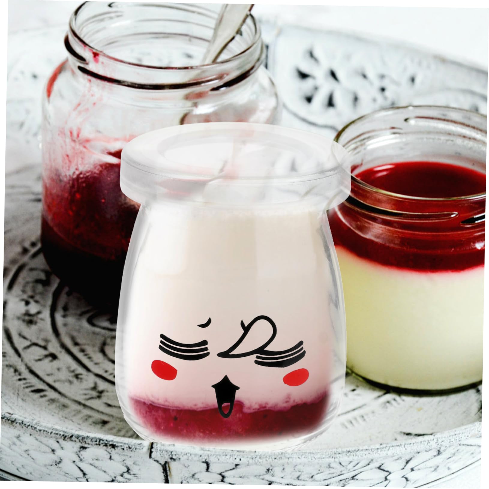 NOLITOY 6 Stück Puddingflaschen mit Deckel Luftdichte Dessert und Joghurtgläser Große Öffnung für Marmelade Joghurt Kuchenaufbewahrung Spülmaschinenfest Zufälliges Design