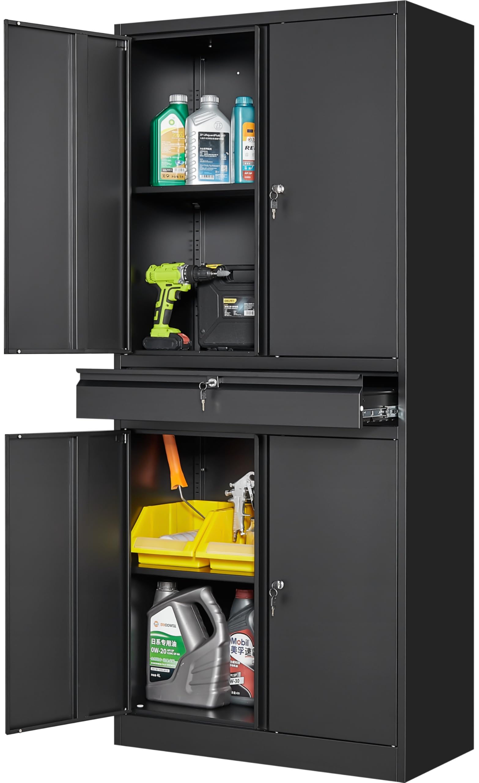SISESOL Metal Garage Storage Cabinet with Drawer and Lock,Black Metal Storage Cabinet with Locking Doors and Adjustable Shelves,71" Tall Large Steel