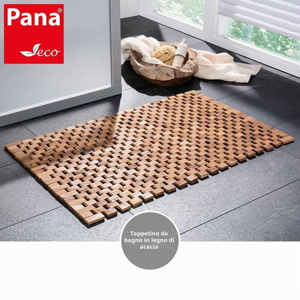 PANA®ECO Tappeto bagno in legno - 60x100 cm - 100% legno di acacia - Tappe | Tappeto in vero legno - Prodotto naturale - Antiscivolo, durevole e robustoo - Tappeto bagno igienico e facile da pulire