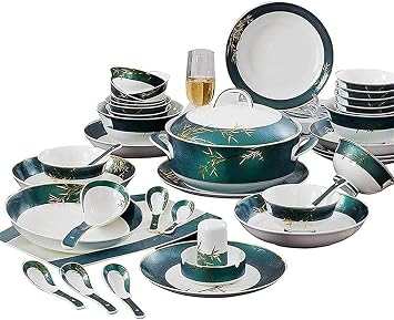 Stylish Dishes Set for Luxury Restaurant and Home 58-Piece Dinnerware Sets Porcelain Plate and Bowl Set High-end Bone China European Gift Dishware Sets Golden Bamboo Pattern Decor