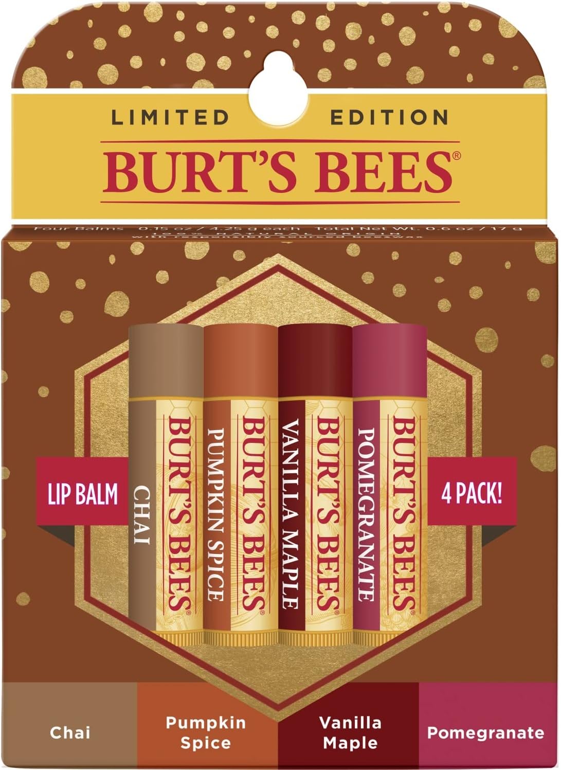 100% Natural Moisturizing Lip Balm Pomegranate, Vanilla Maple, Pumpkin Spice, Chai Tea (4 tubes)