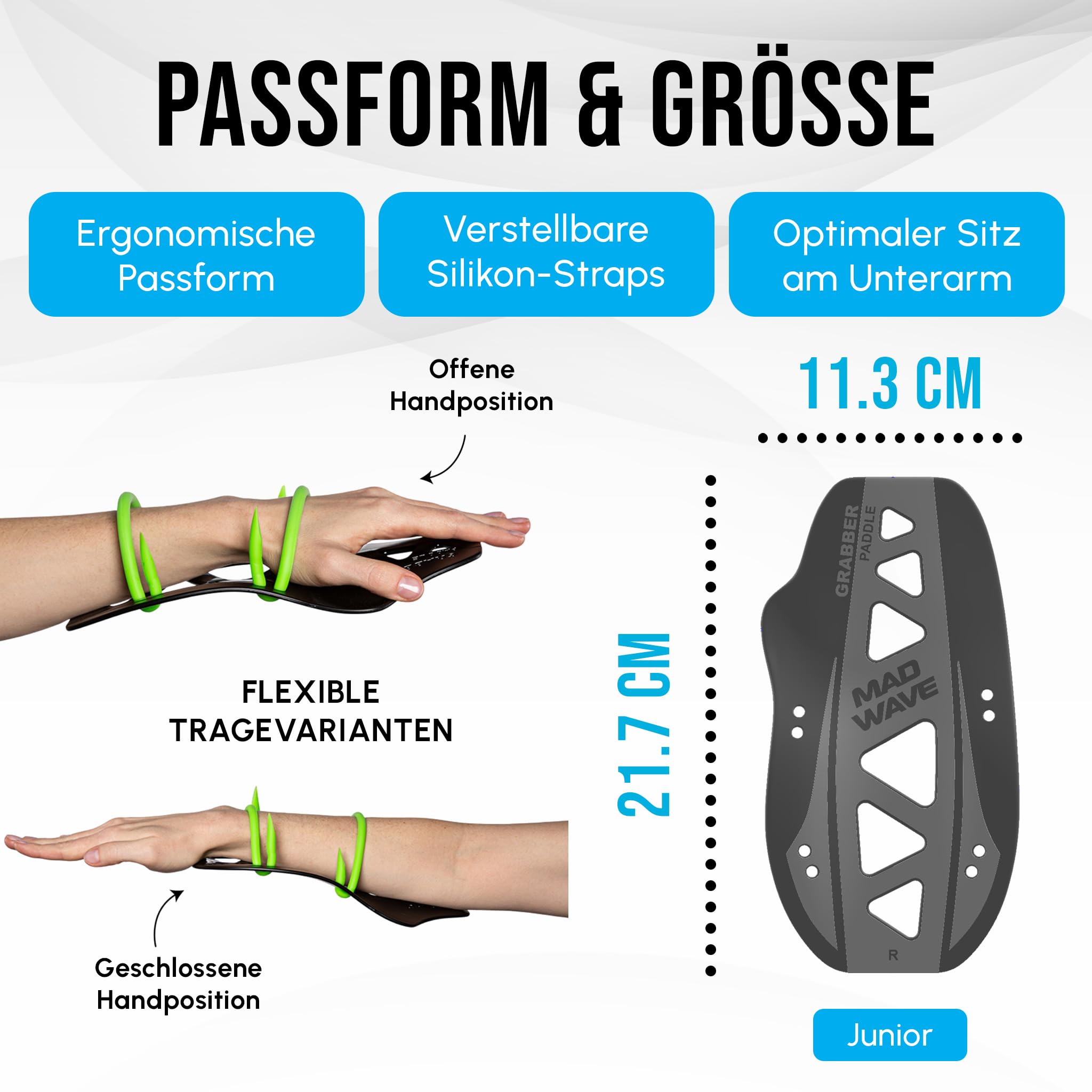 Mad Wave Grabber Forearm Paddles Schwarz – Unterarm Schwimmpaddls für Schwimmtechniktraining – Verbessert Armzug, High-Elbow & Wassergefühl – Schwimm-Paddles mit Silikon-Straps – 26.5 x 13.8 cm