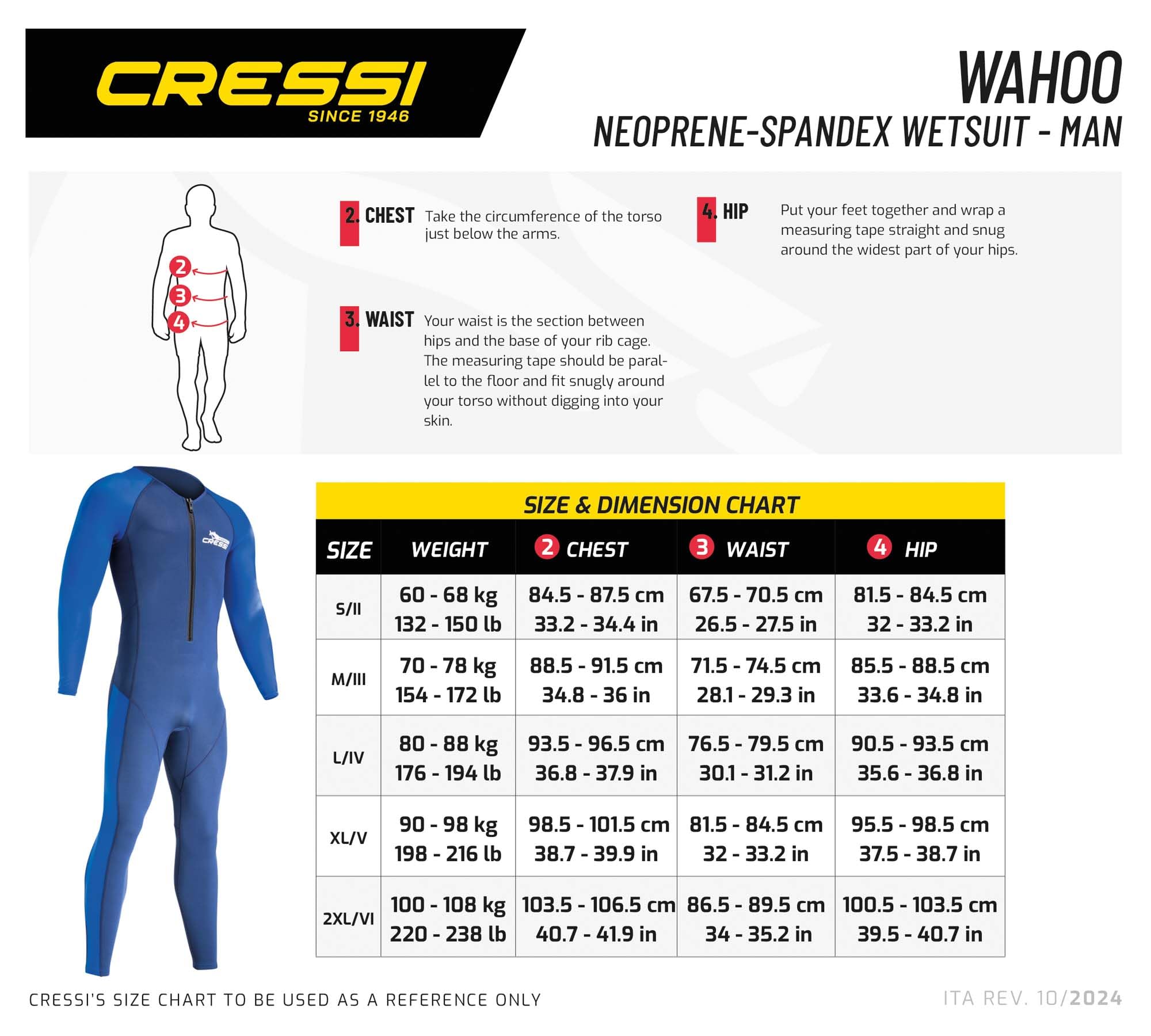CRESSI Wahoo Man Monopiece kombinezon niebieski/jasnoniebieski 2 mm XL/5 - męski jednoczęściowy kombinezon z neoprenu premium 1,5/2 mm i elastanu idealny do różnych aktywności wodnych,