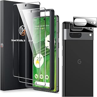 LK [2+2 Pack for Google Pixel 7 Screen Protector, 2 Pcs Tempered Glass Screen Protector + 2 Pcs Camera Lens Screen Protector,Easy Installation with Alignment Frame,[9H Hardness] [Anti-Scratch]