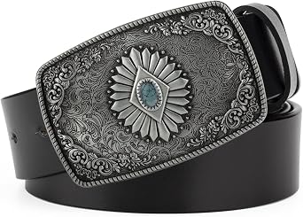 Mens Belt Leather, Western Cowboy Belt for Men, with Silver Pattern Pattern with Turquoise Square Buckle Vintage Belt