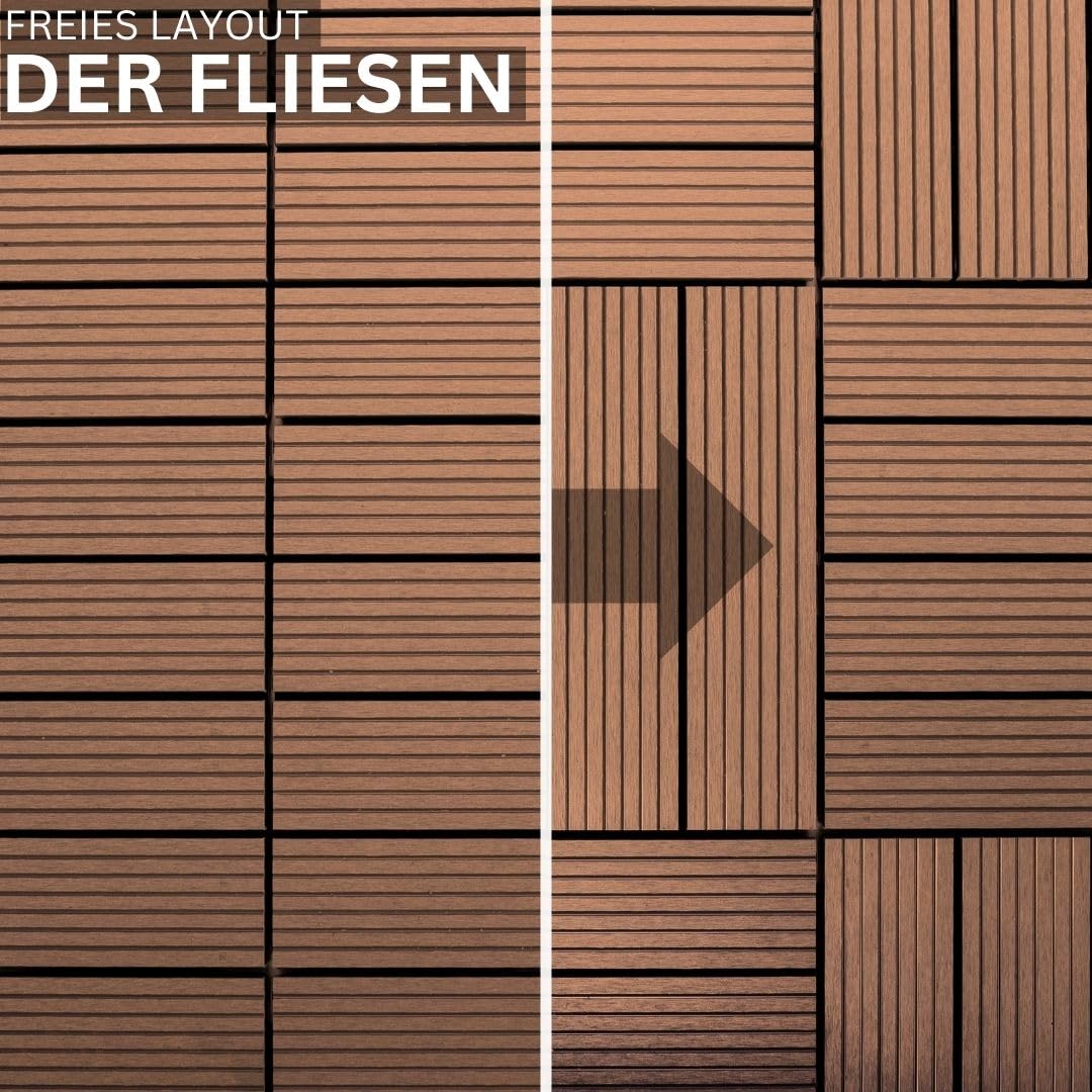 Mega Holz WPC Terrassenfliesen Braun - Bodenfliesen mit Klicksystem für Balkon, Wintergarten und Terrasse - Wetterfester Bodenbelag als 30x30 cm große Fliesen - Wetterfest (2m² - 22 Fliesen)