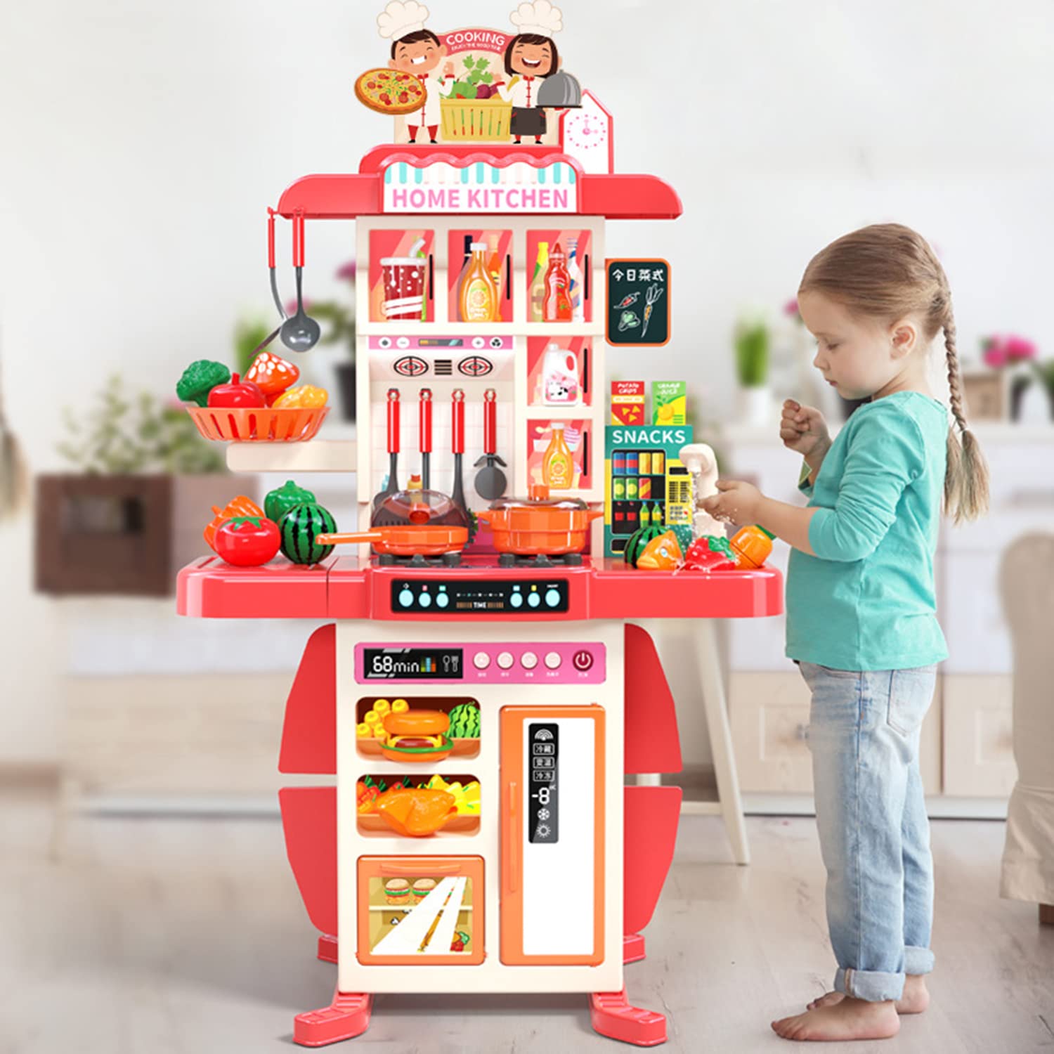 Moonmen Best Chefs Kitchen Set for Kids – Includes 108 Pcs Toy Kitchen Accessories, Interactive Features for Realistic Pretend Play Real Sounds and Light– Indoor/Outdoor Toddler Playset (Red A)