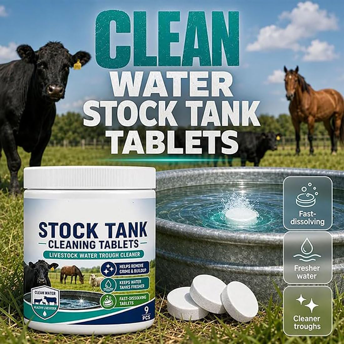 Fast-Dissolving Livestock Water Tank Cleaning Tablets, Stock Tank Care (3PCS)