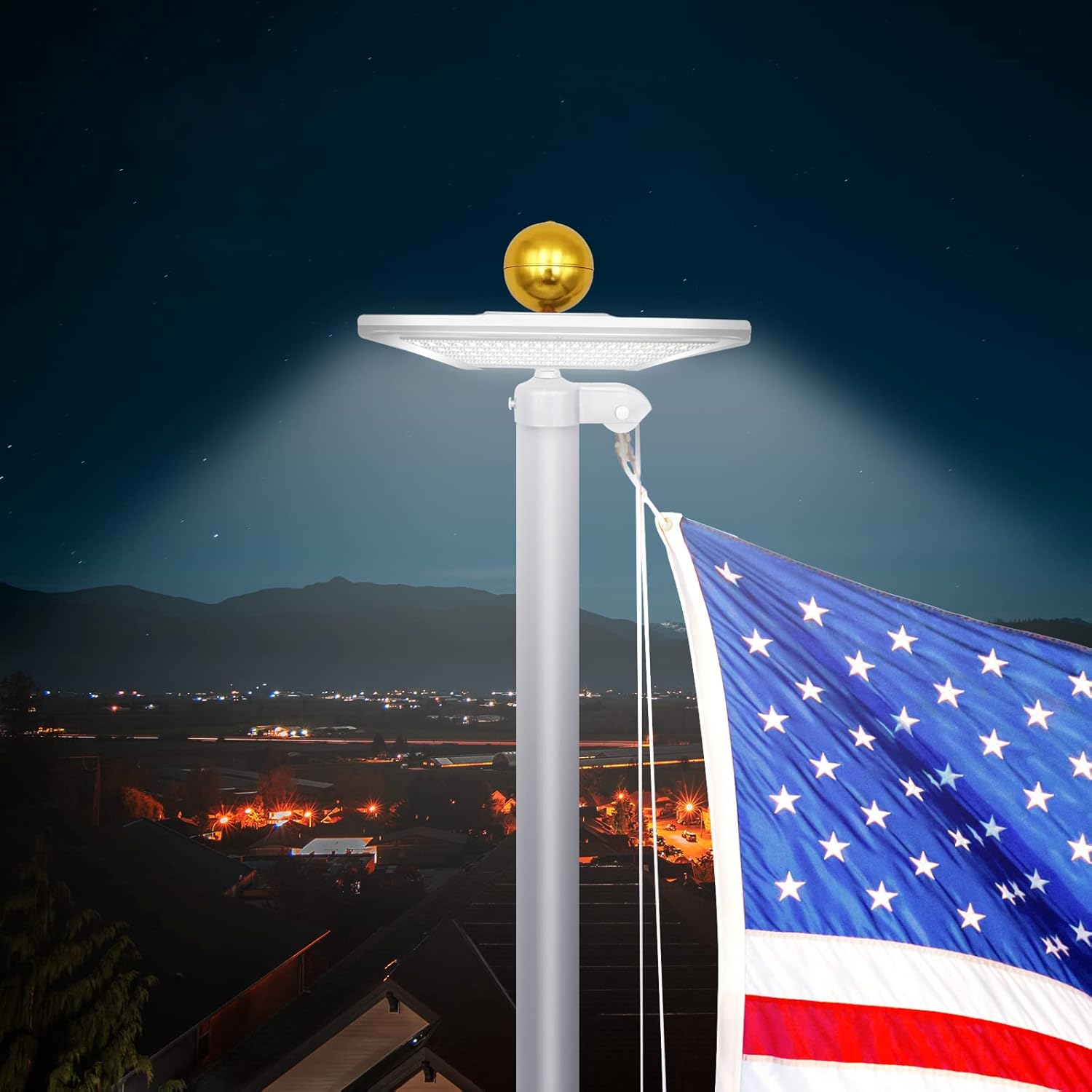 Solar Powered Flagpole Light 320 LEDs Outdoor Waterproof Dusk to Dawn Flag Pole Light for 15-30 ft House Flagpoles 100% Flag Coverage (White)