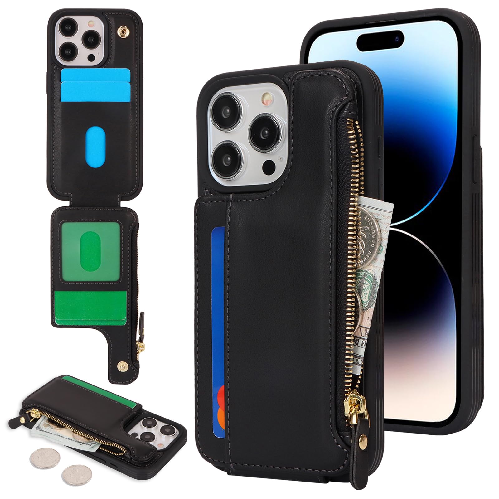 Cavor for iPhone 14 Pro Case with Card Holder,for iPhone 14 Pro Wallet Case for Women Men,Leather Magnetic Clasp Zipper Pocket Protective Phone