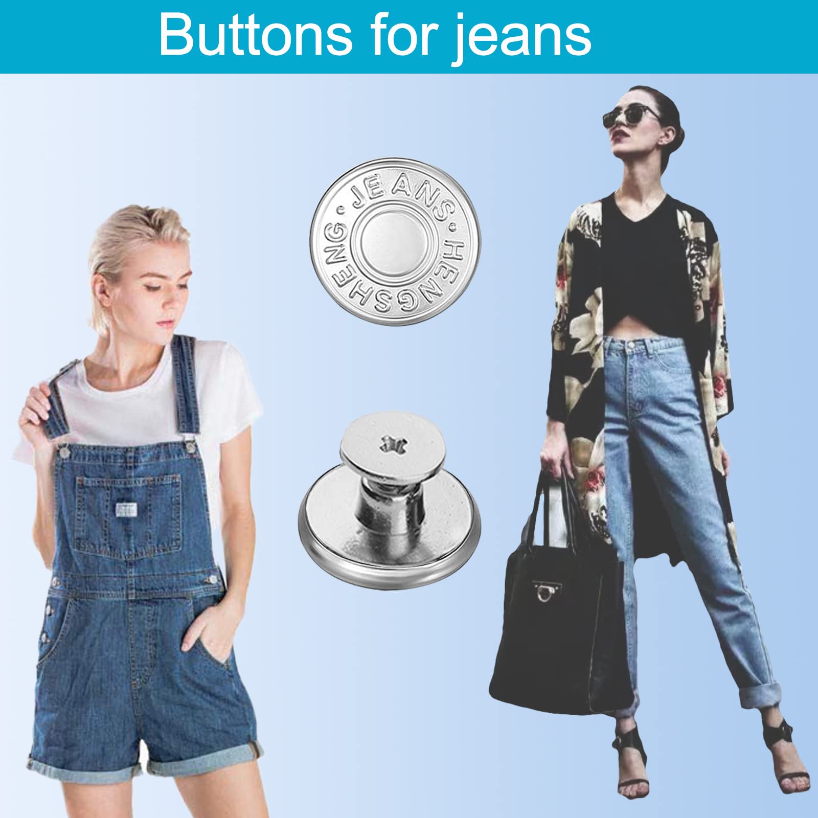 YYJ HOME Botones de mezclilla para jeans sueltos, pines de botón para jeans, botones instantáneos de 17 mm, sin costura, kit de reparación de botones extraíbles con remaches y destornillador, 12