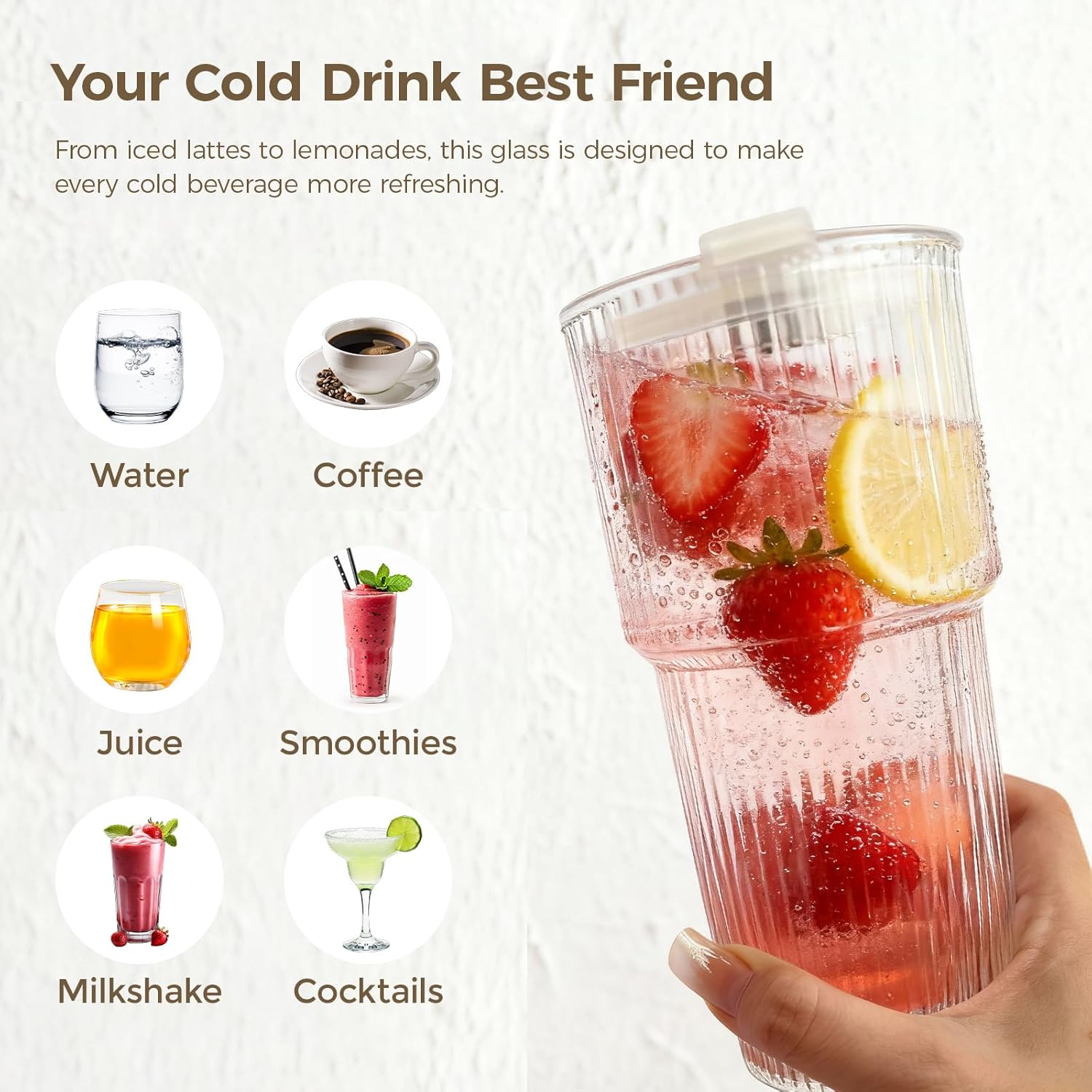 18oz Ribbed Glass Tumbler with Lids & Straws, Set of 2 -Vintage Ribbed Iced Coffee Cups, Reusable Smoothie & Cocktail Drinking Glasses - Perfect for Daily Use & Travel - Image 6