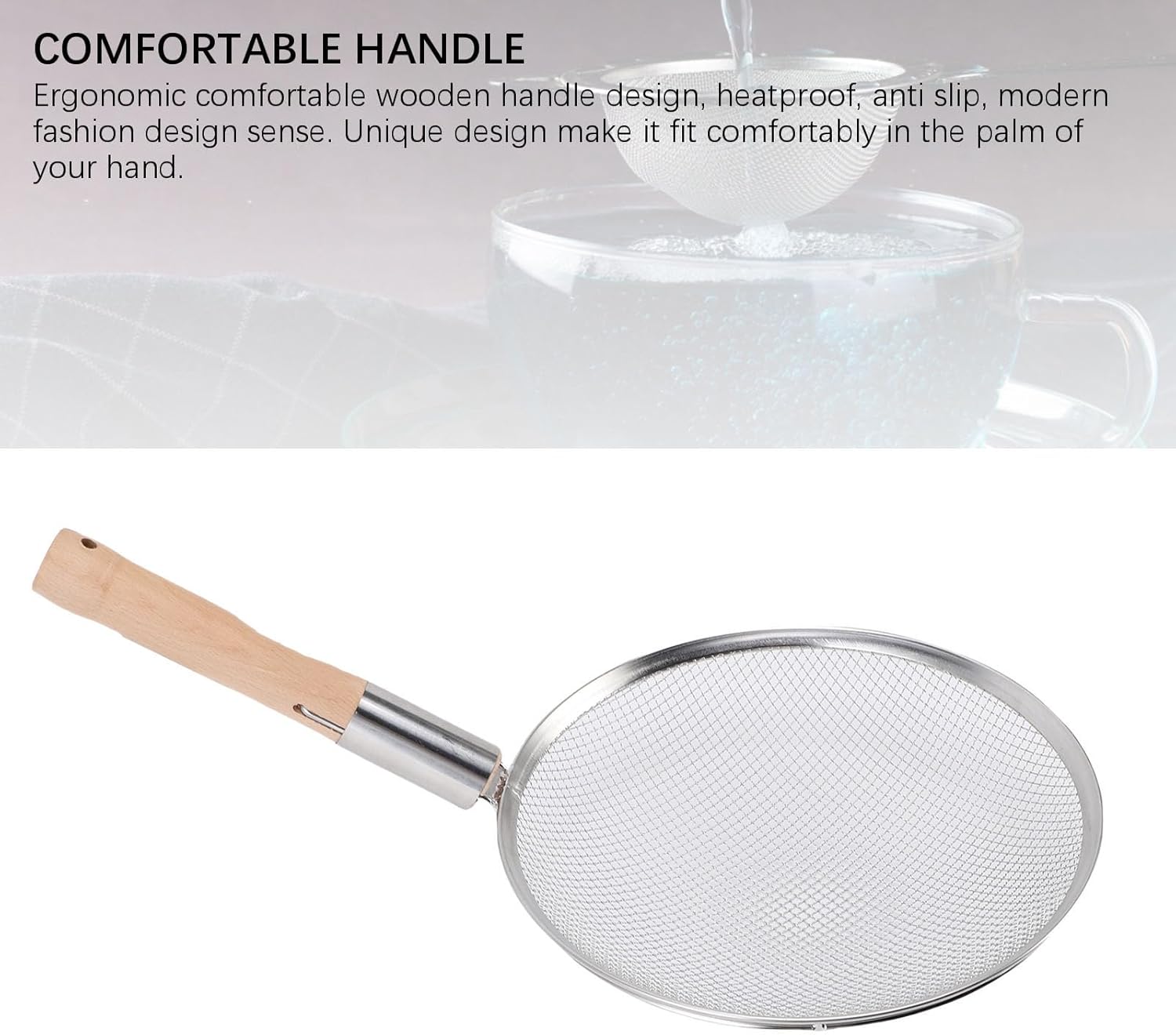LiebeWH Stainless Steel Skimmer Spoon with Wooden Handle Fine Mesh Food Strainer for Kitchen Cooking Frying Oil Noodles Fruits Vegetables (30CM)