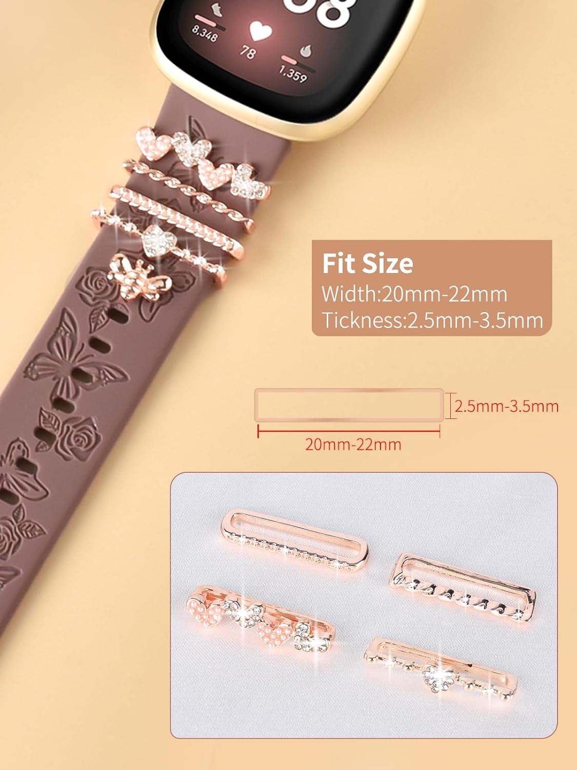 Watbro Floral Engraved Band and Decorative Rings Loops Compatible with Fitbit Sense/Sense 2/Versa 3/Versa 4 Bands Women,Silicone Replacement Band for Fitbit Sense/Sense 2/ Versa 4/ Versa 3 Smartwatch - Image 5