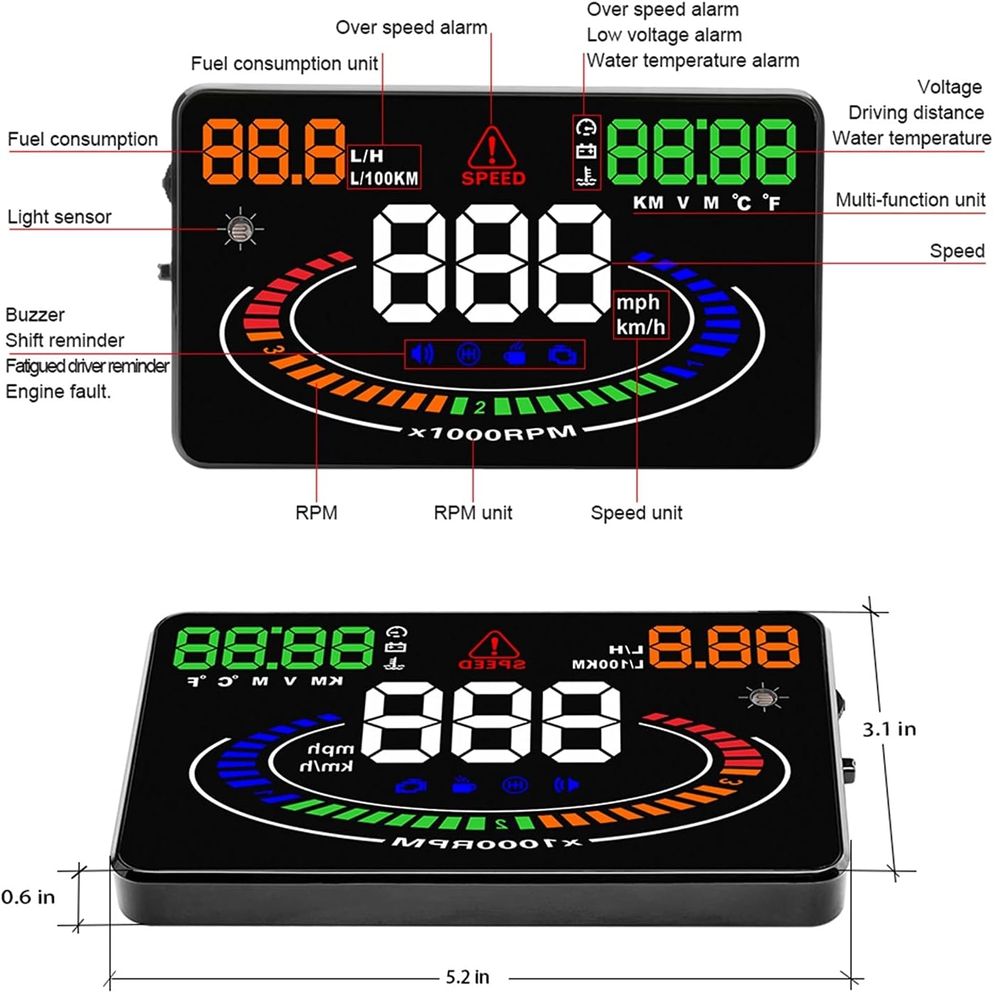 5.5" Projector Car Head Up Display HUD OBD2 Digital Car Speedometer Overspeed Fatigue Driving Alarm Auto Electronic Accessories