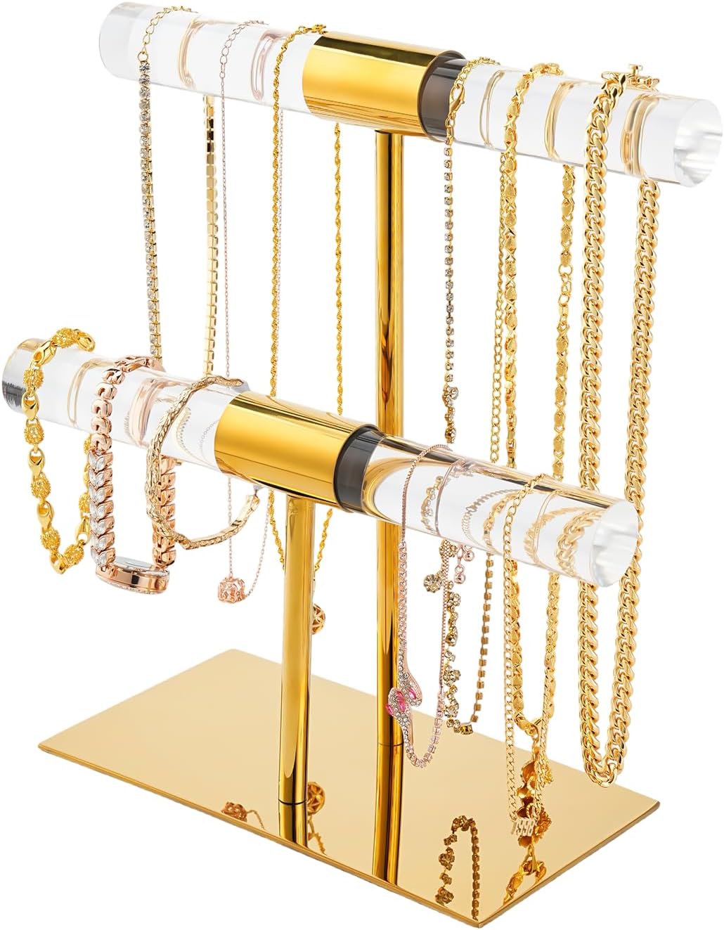 Display Stand Acrylic Jewelry Towers - Stainless Steel Long Necklaces Stand 2-Tier Crystal Tabletop Jewelry Organizer Home Decor for Store Boutique Vendors