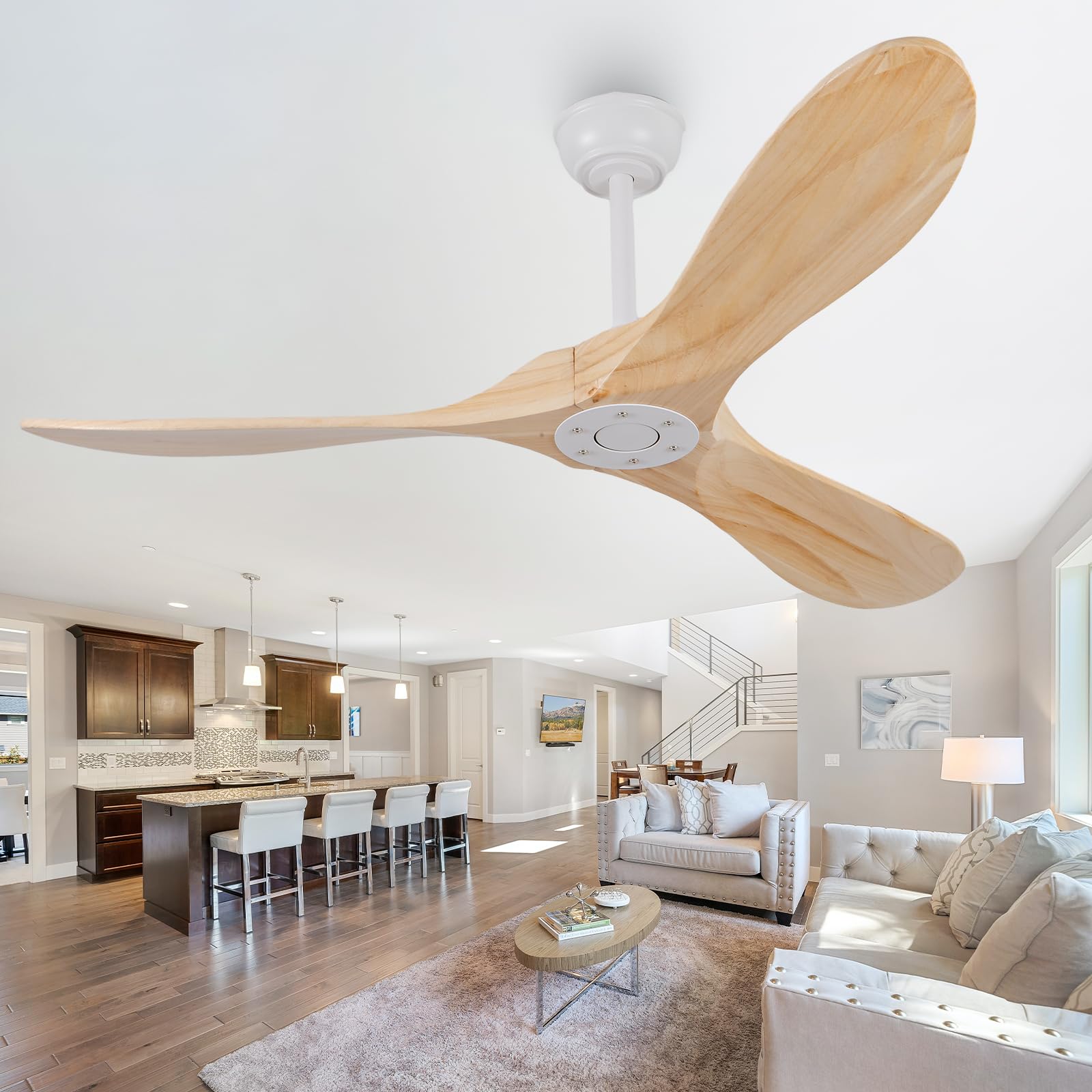 52 Inch Solid Wood Ceiling Fan No Light Remote Control,Outdoor Curved Real Wood Ceiling Fan Without Light 3 Blades Natural Wood Craftmade Quiet for Patio Farmhouse Living Room Bedroom Office