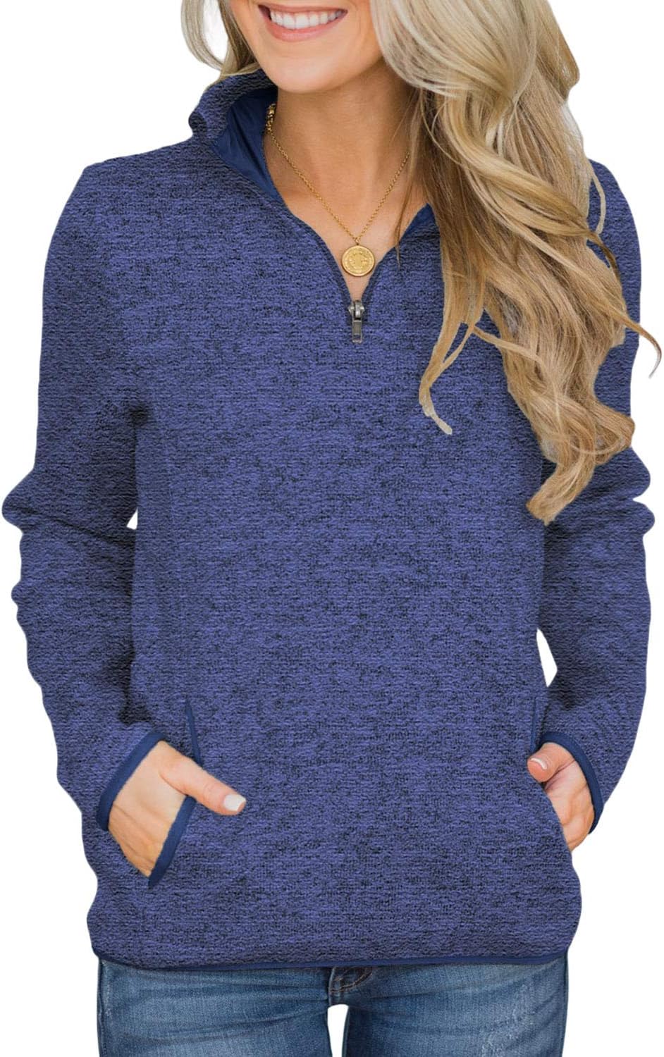 GOSOPIN Casual Soft Lightweight Pullover Tops for Women Plus Size 1/4 Zip Sweatshirts Ladies Autumn Long Sleeve Tunic Sweatshirt with Kangaroo Pocket Ladies Jumper Sweater Blue UK 18