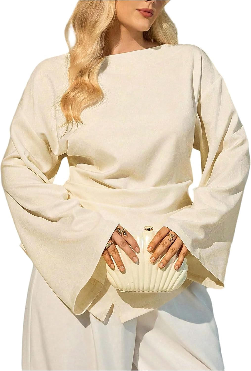 Floerns Women's Plus Size Blouses Dressy Casual Elegant Bell Sleeve Ruched Work Shirts