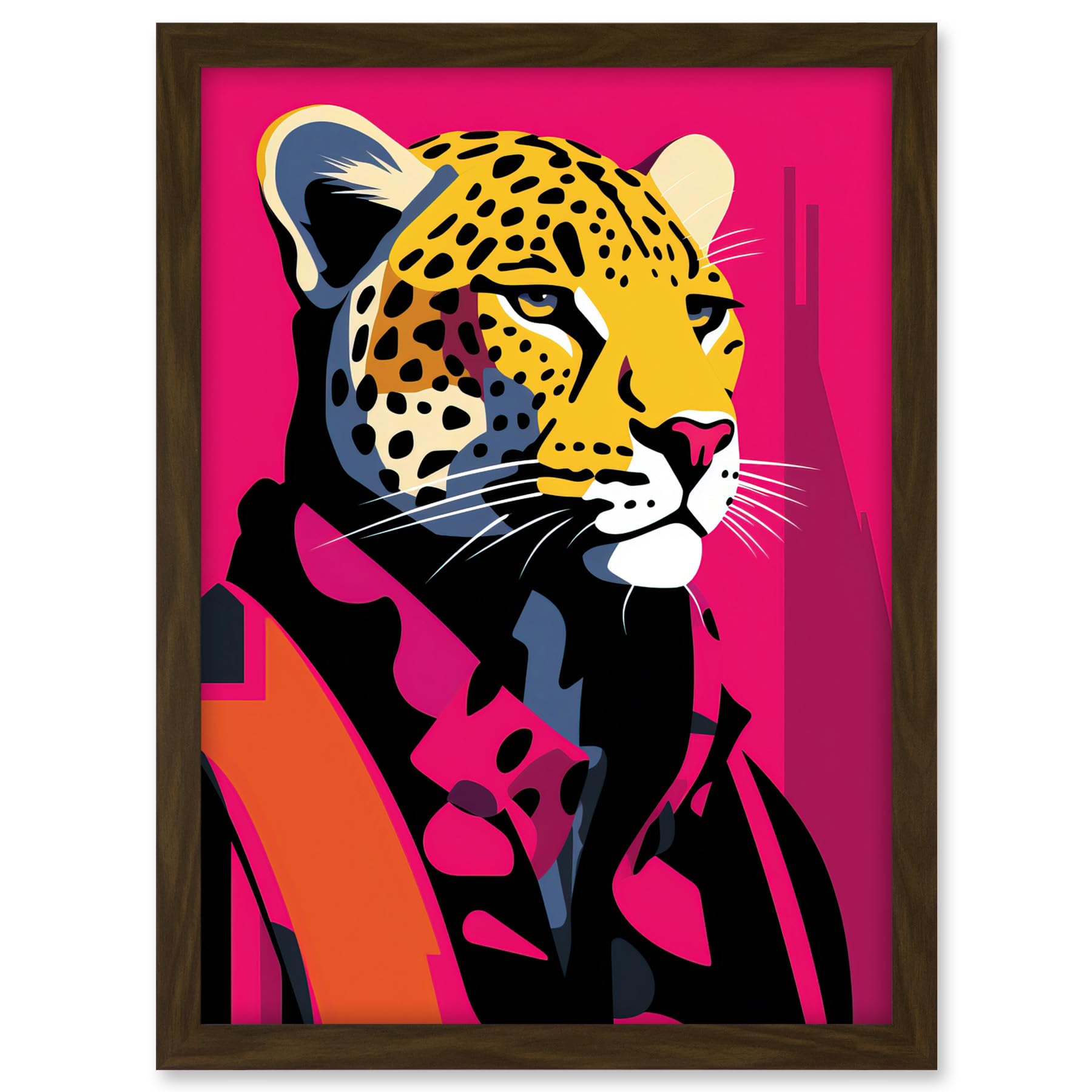 Artery8 Strong Leopard in Suit Bold Artwork Orange Pop Art Hot Pink Vibrant Portrait Artwork Framed A3 Wall Art Print