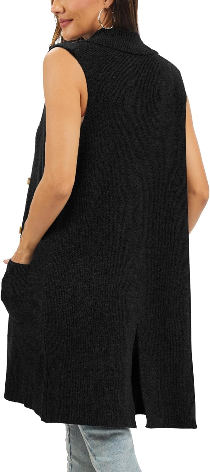 Moss Rose Sleeveless Cardigans for Women Open Front Sweaters Vest Lapel Collar Button Down Long Outerwear Coats - Image 2