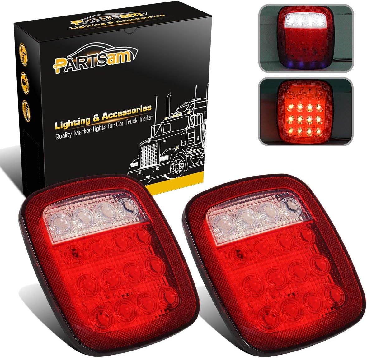 Partsam 2x Universal 16 LED Stop Tail Turn Signal Backup Reverse Brake Clearance Marker Lights Lamps Red/White Replacement for Jeep YJ JK CJ Truck Trailer Waterproof 12V
