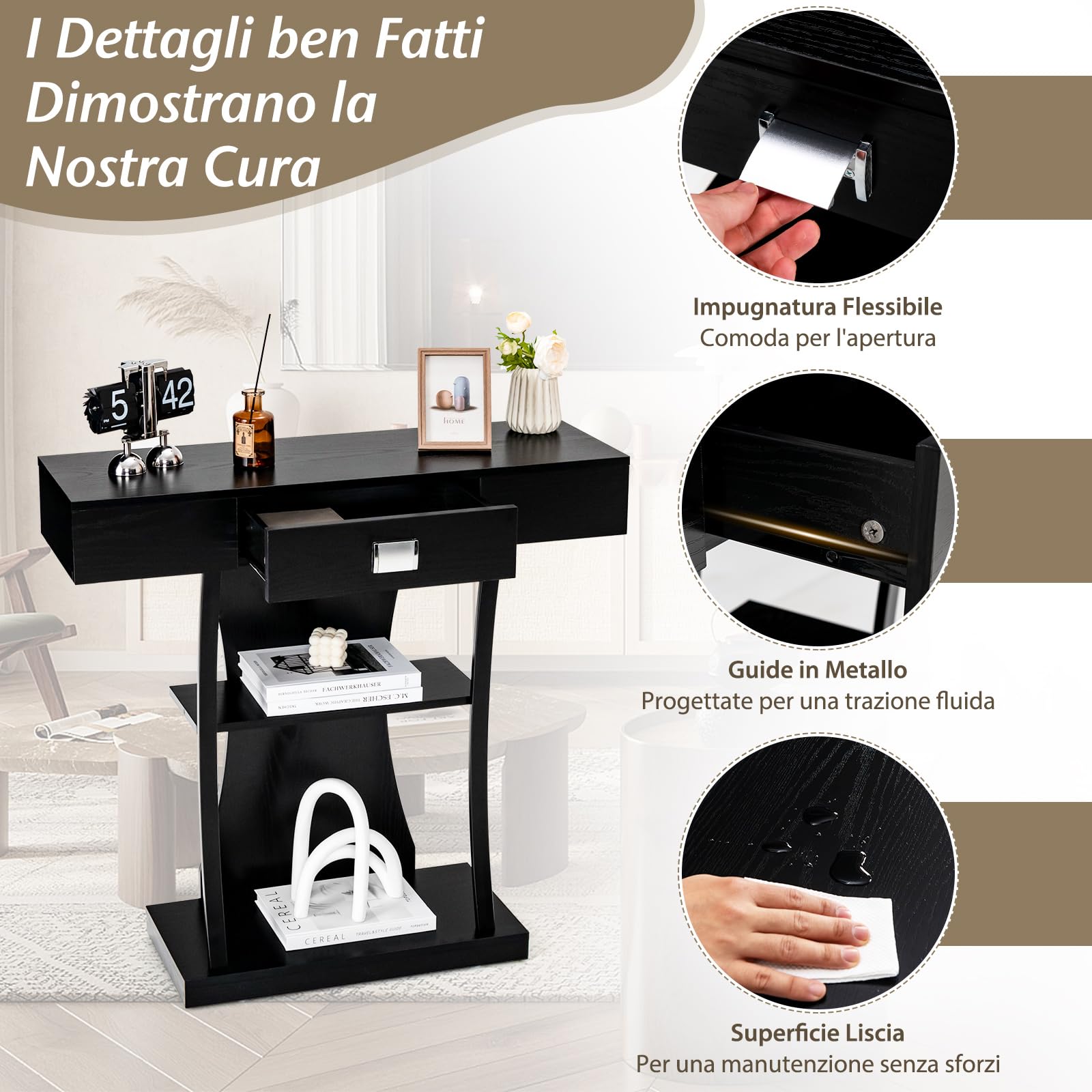 COSTWAY Consolle in Legno, Tavolo Ingresso Con Cassetti, Ripiani e 2 Kit Anti-ribaltamento, Multiuso e Salvaspazio per Salotto, Camera da Letto e Corridoio, 91 x 30 x 88 cm (Nero)