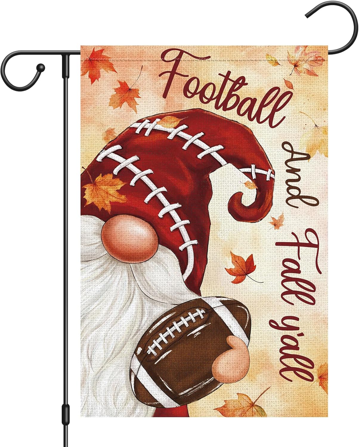 Heyfibro Football and Fall Y'all Gnome Garden Flag 12x18 Double Sided Burlap, Maple Leave Rugby Sports Events Yard Flags for Thanksgiving Rustic Seasonal Autumn Outdoor Decoration (ONLY FLAG)