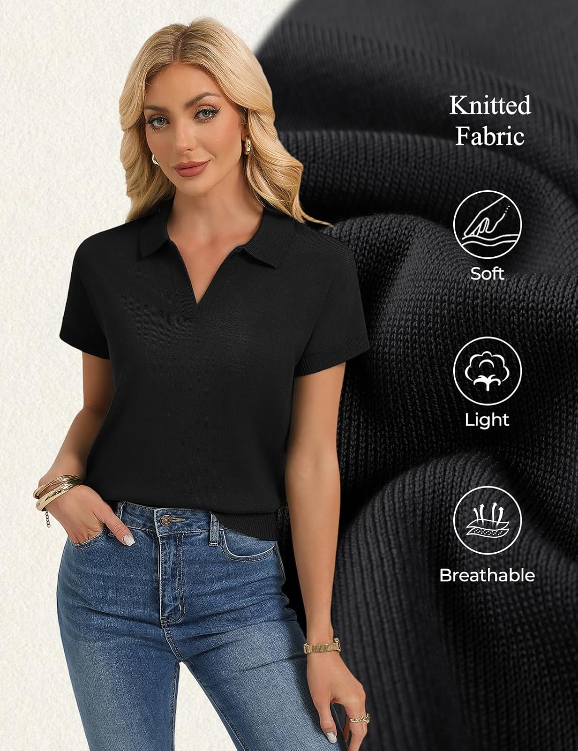 GRACE KARIN Women Short Sleeve Sweater, Business Casual Knit Polo Shirt, V Neck Collared Pullover Tops - Image 4