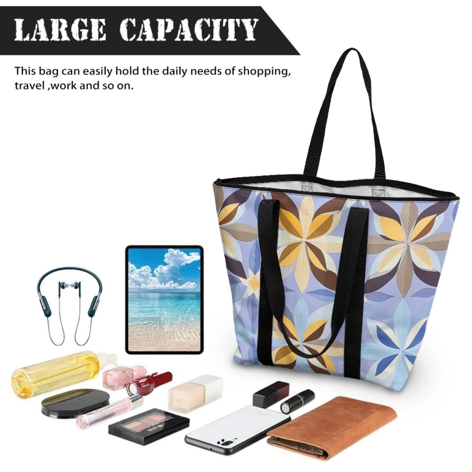 Tote Bag Tela Bolsas de Tela Poliéster Bolso de Mano de Mujer Reutilizable Bolsa Compra Plegable Tote Bag Cremallera Bolso Viaje Duradero Totebag