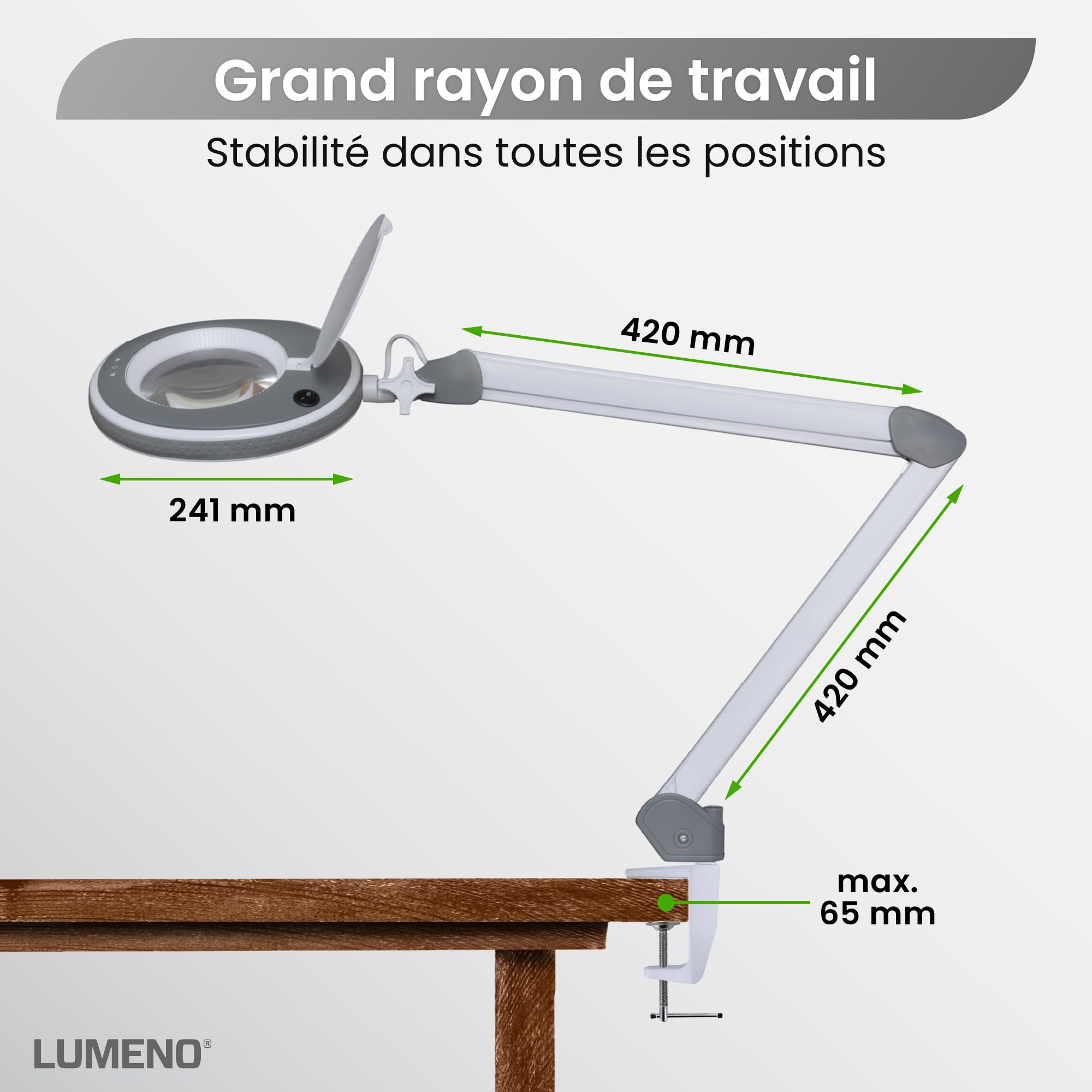 Lumeno 8213GR LED Lampe loupe pour poste de travail, lampe cosmétique, intensité lumineuse réglable, lentille en verre transparent de 127 mm, aide à la lecture/loupe, 3 dioptries