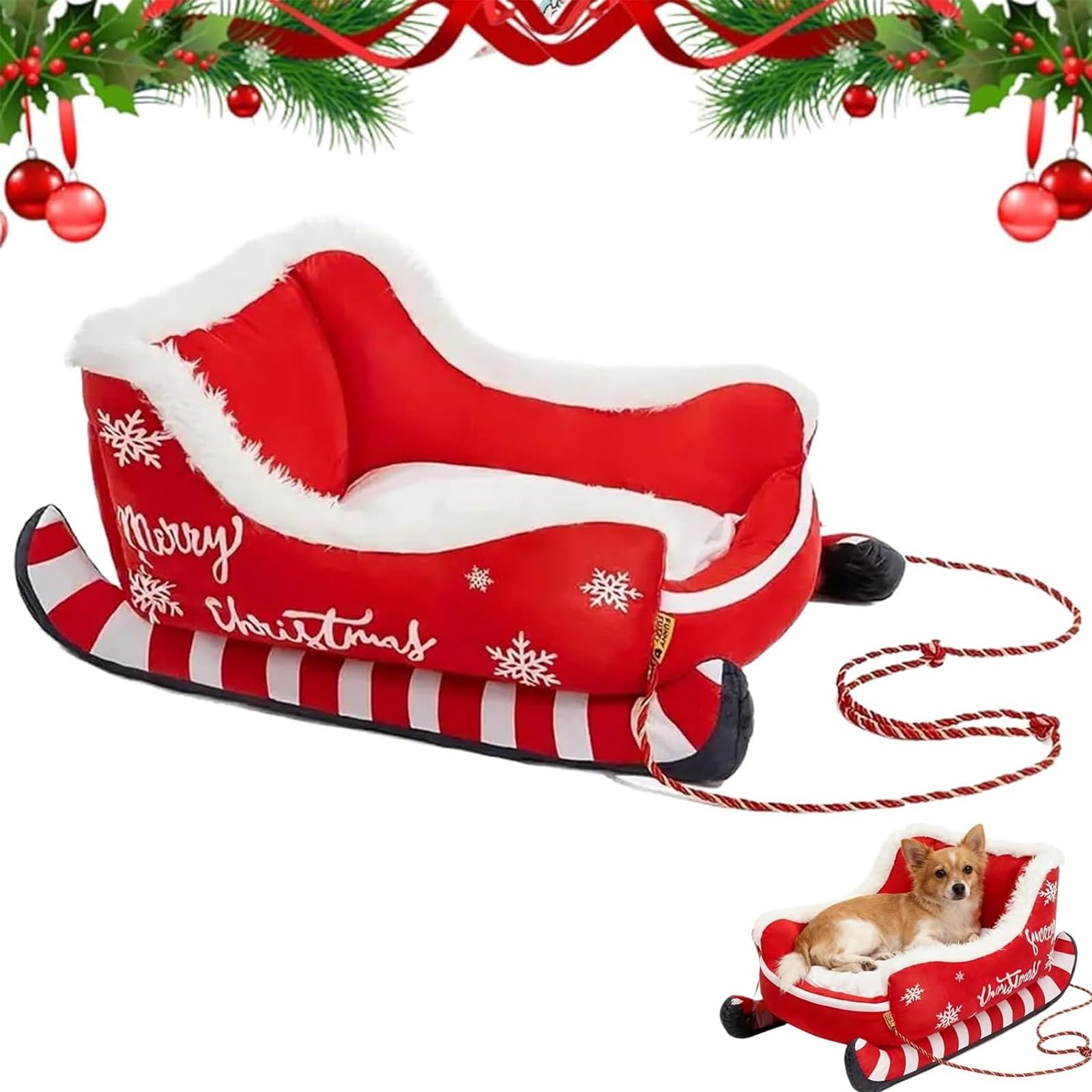 Lit de Noël pour animaux au pied du sapin - Panier traîneau rouge intérieur et extérieur