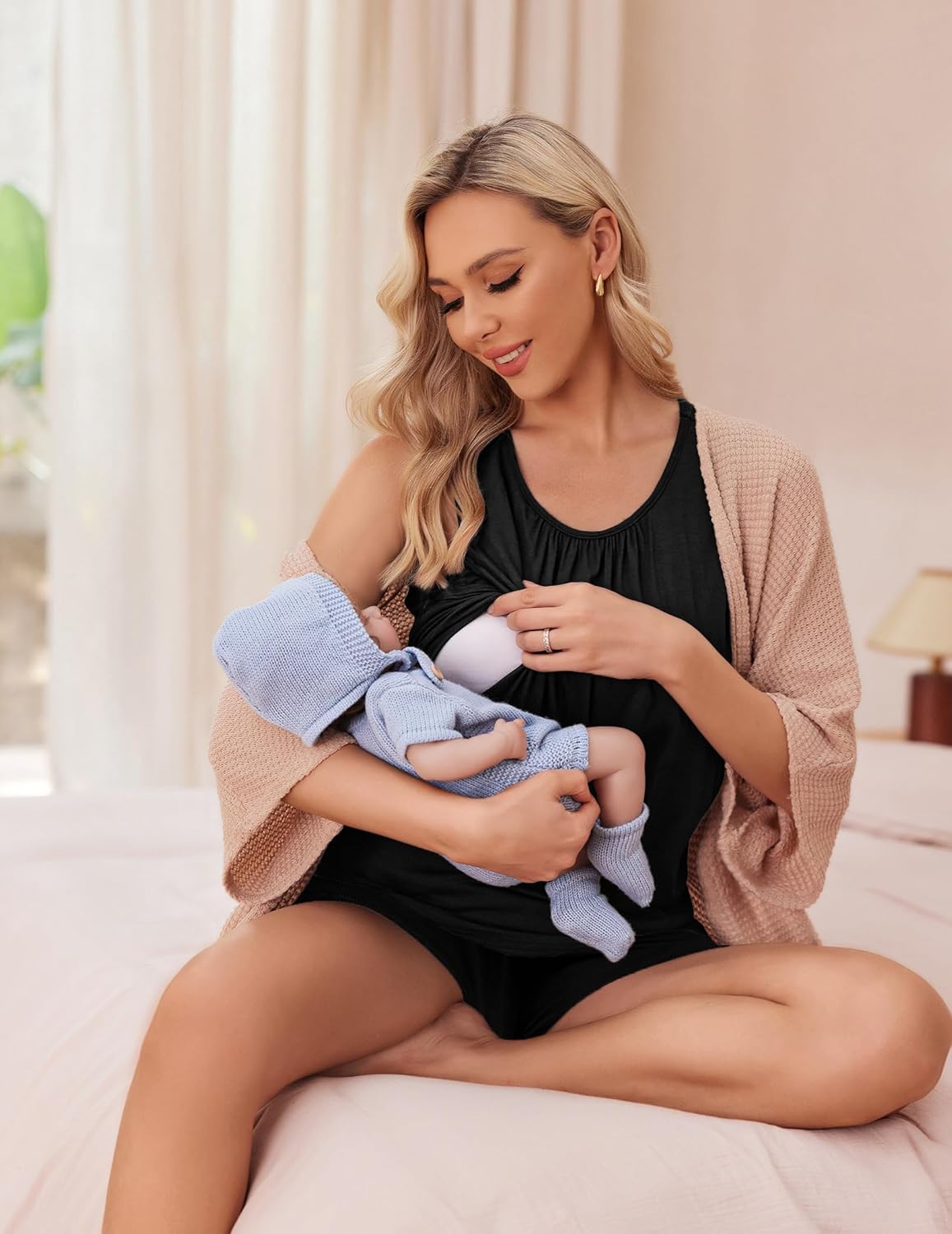 Ekouaer Women Maternity Nursing Pajama Set Breastfeeding Double Layer Pregnancy Pjs Set Sleeveless Top & Shorts with Pockets - Image 3