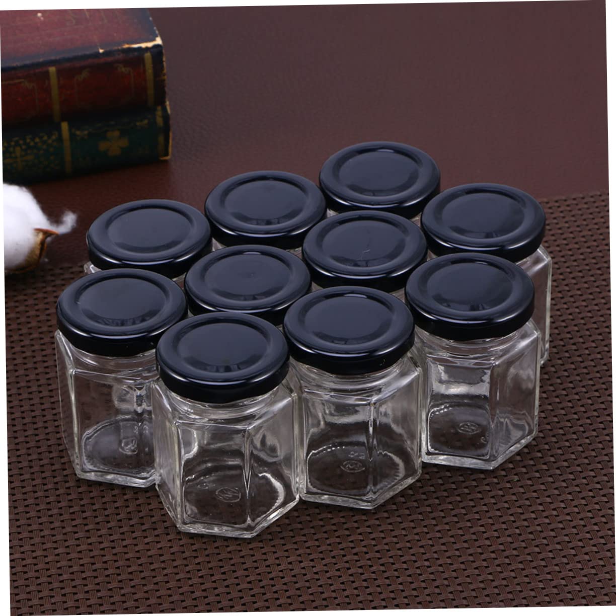 Lot de 10 Bocaux en Verre Hexagonaux 85ml pour Rangement Alimentaire Couvercle Hermétique Stockage de Sucre et Miel Cuisine Maison
