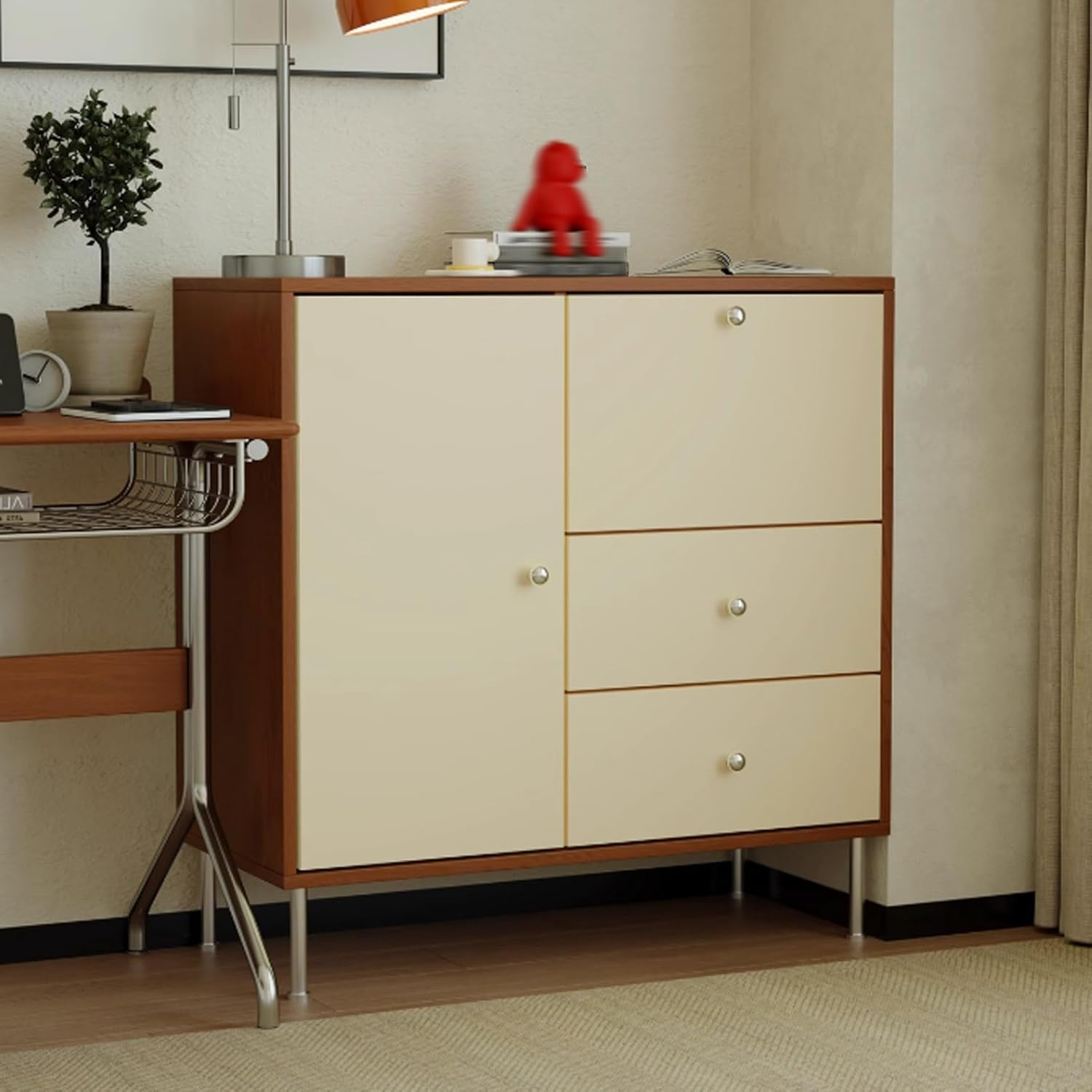 Sideboard Buffet Cabinet with Storage, Kitchen Storage Cabinet with Adjustable Shelves, Wood Coffee Bar Table Sideboard for Living Room Kitchen Dining Room(Off-White+Brown)