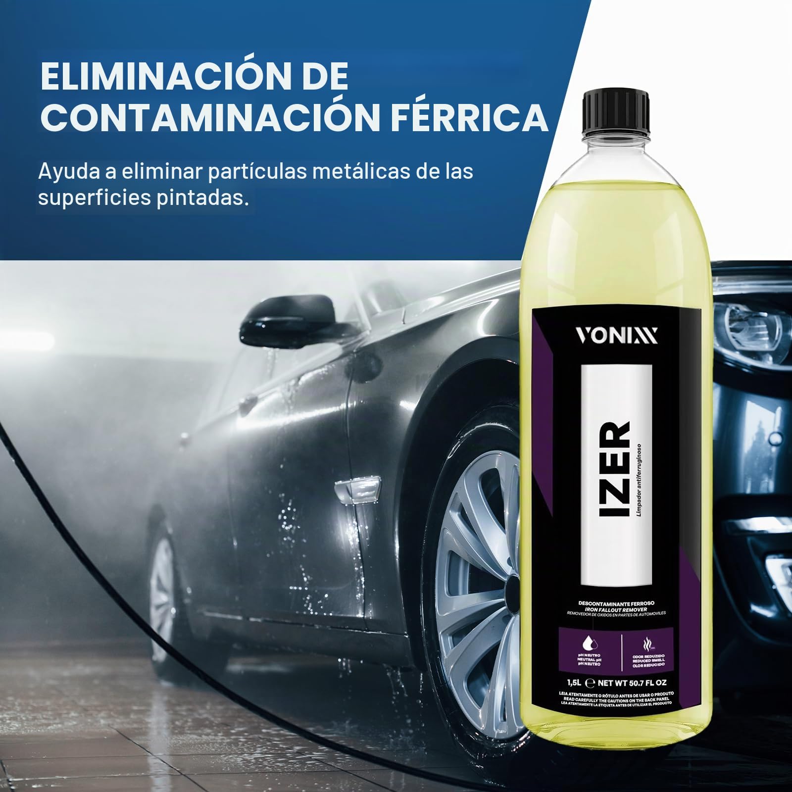 Vonixx Izer Descontaminante ferrico | Limpeza de jantes, Pintura e Motor, fórmula pH Neutro e sem ácido - Elimina óxido, pó de travões e partículas metálicas (1,5L)