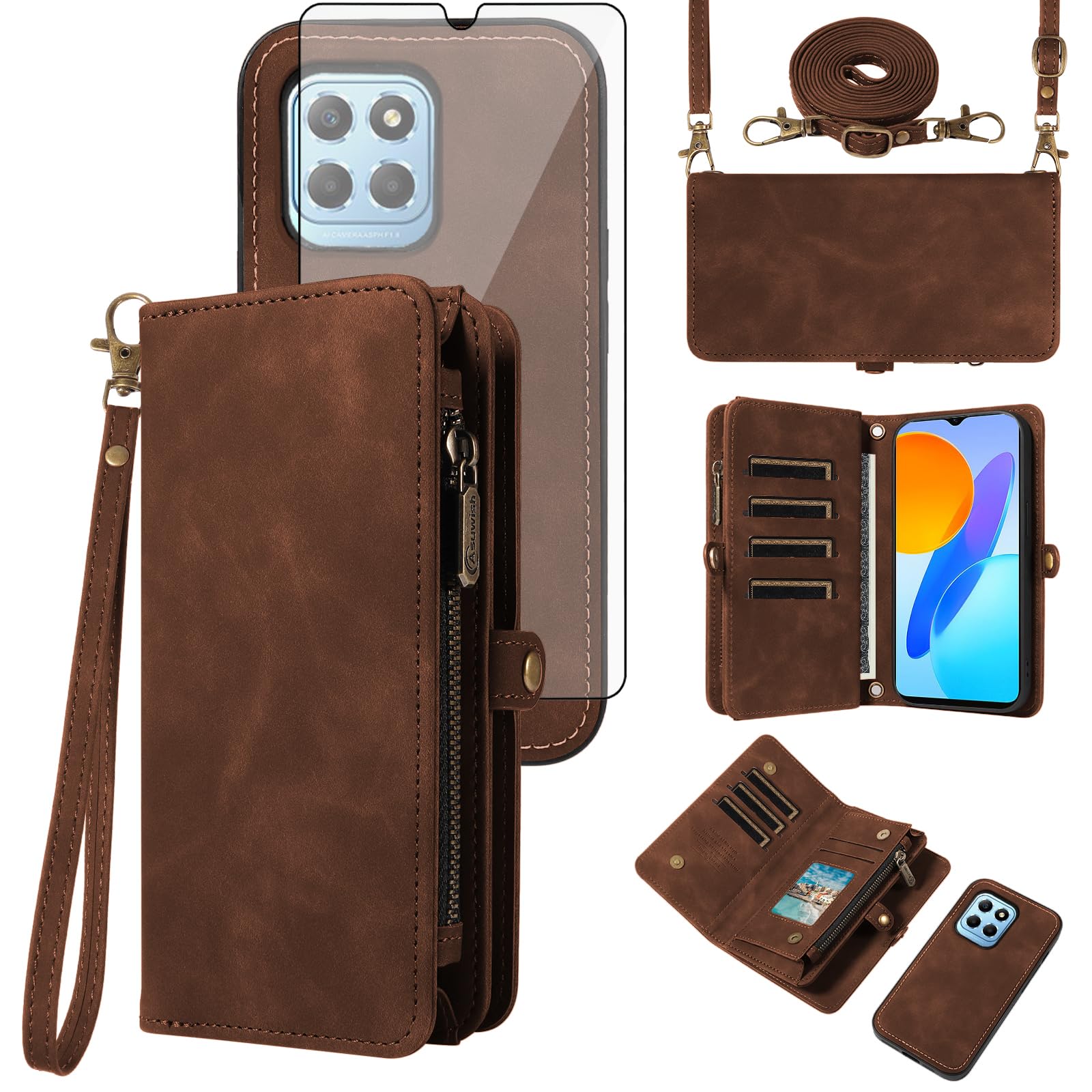 Étui de téléphone pour Honor X8 5G sangle bandoulière et porte-cartes marron - 8