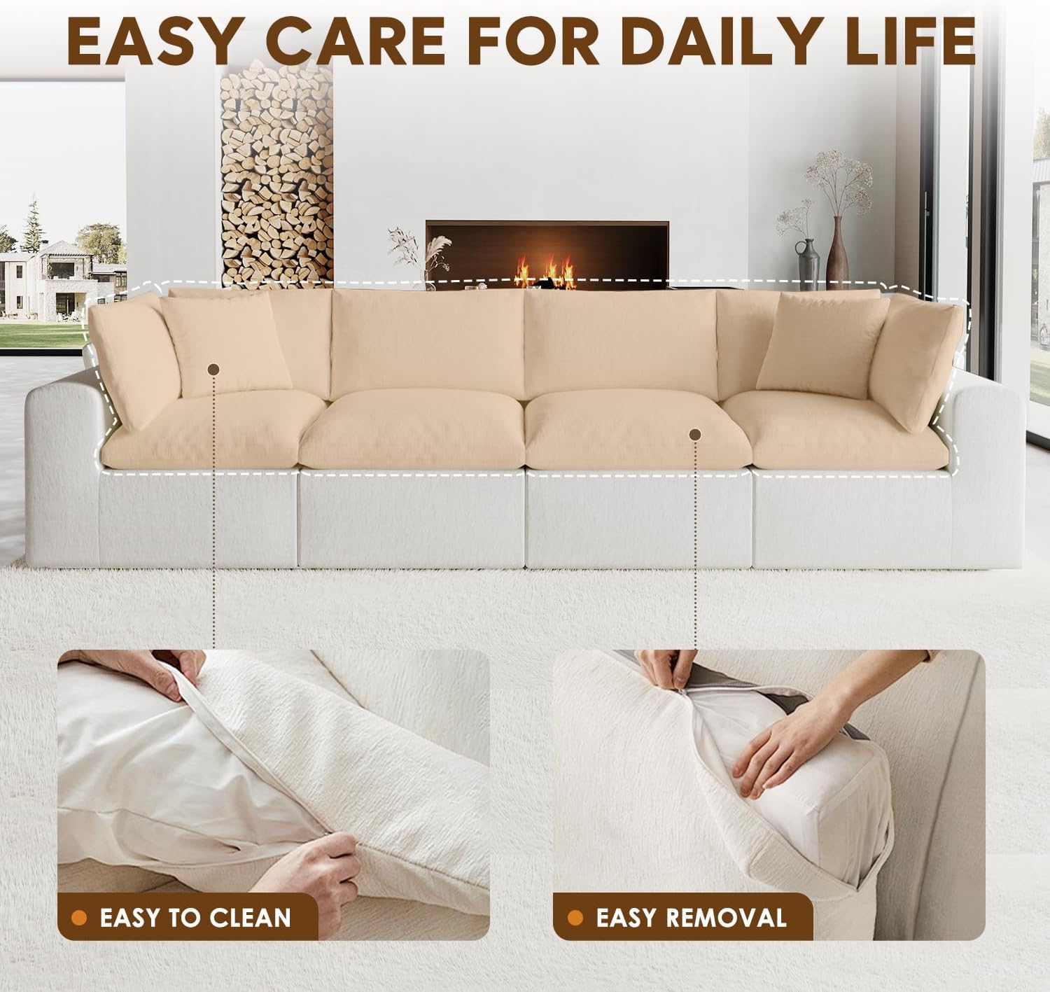 130" Oversized Cloud Couch, Modular L Shaped Sectional Sofa with Deep Seats, High Density Foam No Sag Support, No Assembly Required 4 Seater Washable Fabric Couch for Living Room, White - Image 3